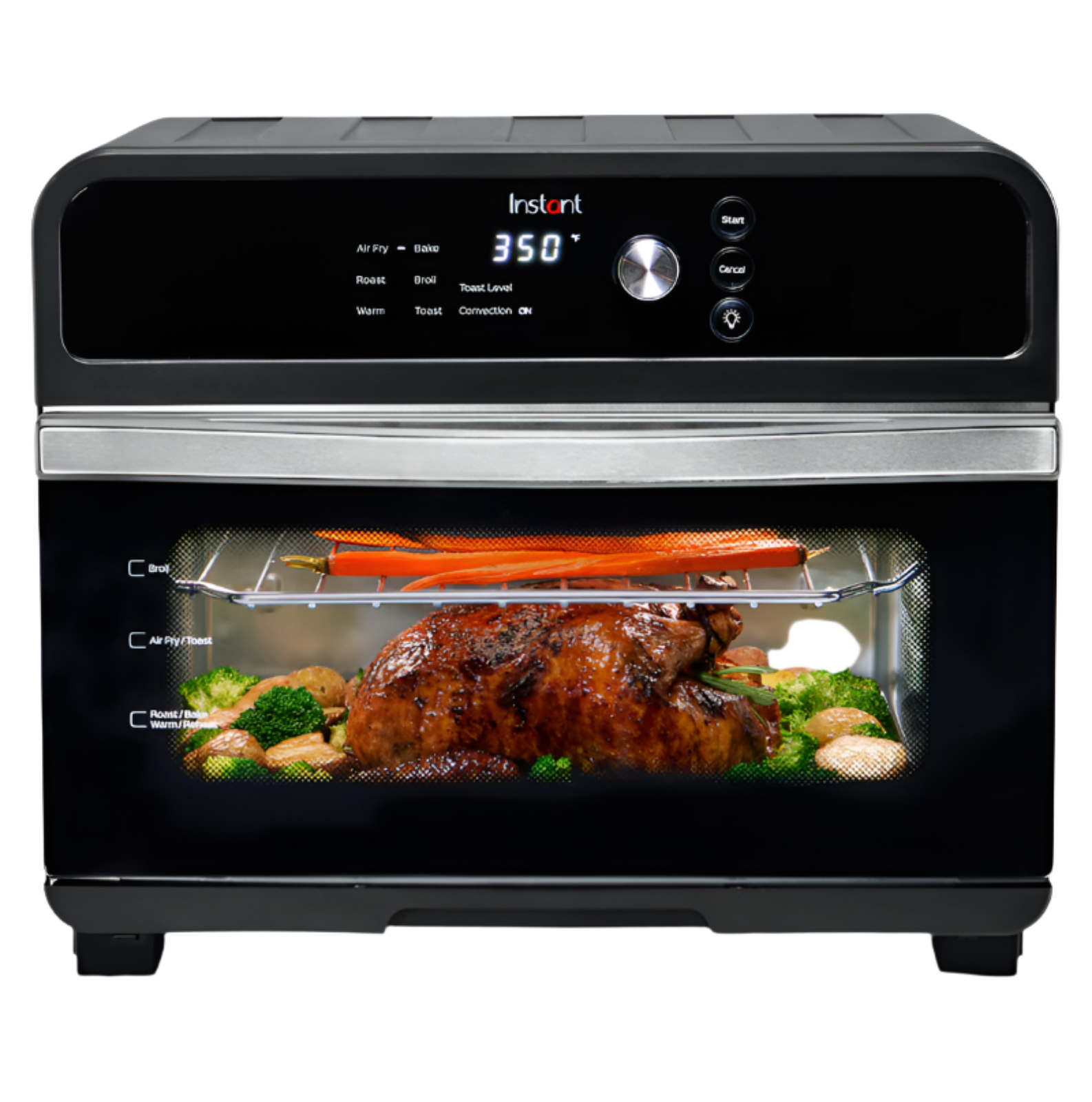 Instant Pot® Omni® 18L 7-in-1 Air Fryer Toaster Oven in a sleek black and stainless steel finish. Features a digital display and control knob with functions for air fry, bake, roast, broil, toast, warm, and convection. Shown in use with food inside, including a roasted chicken and vegetables on multiple rack levels.