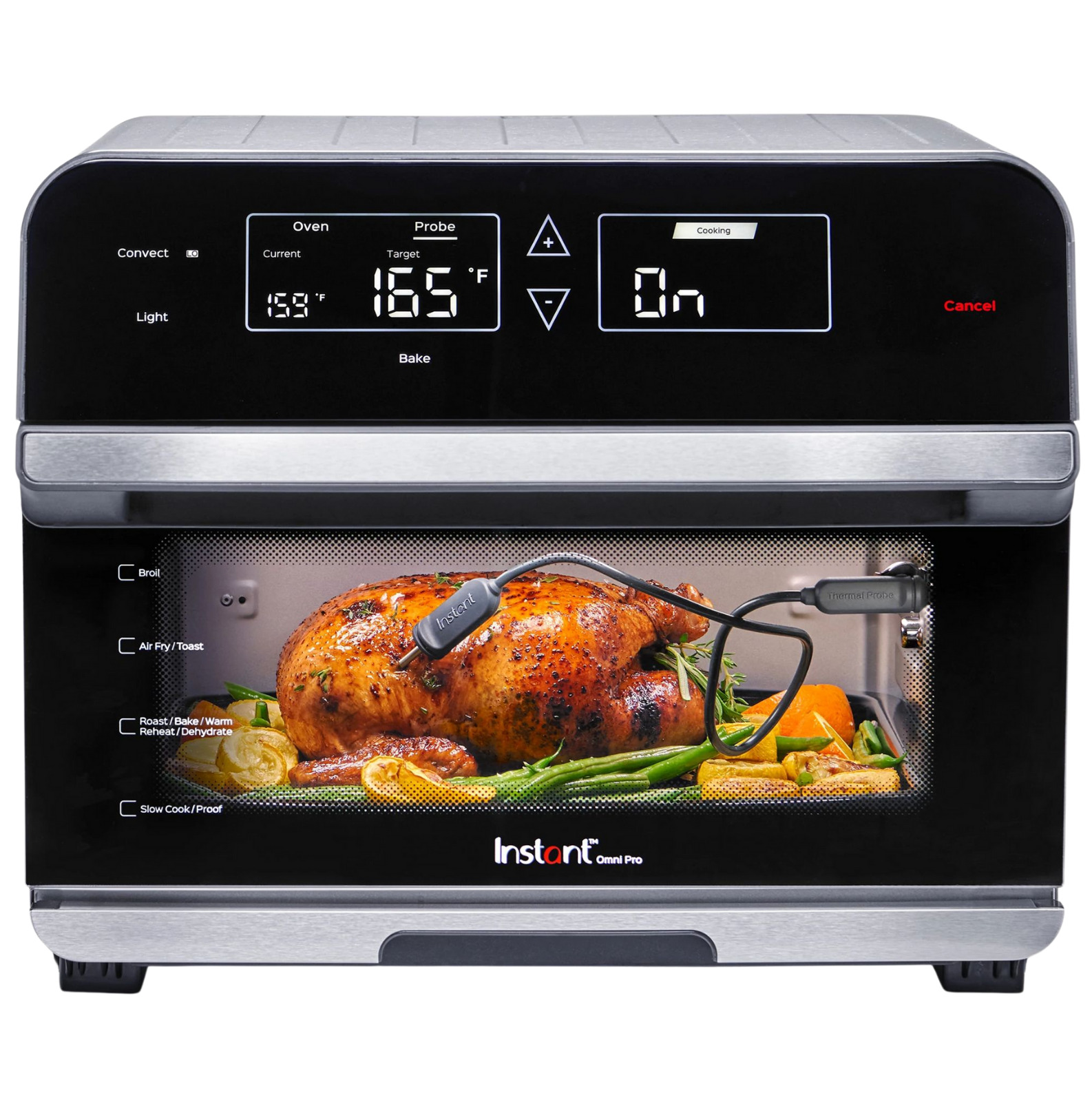  Instant Pot® Omni® Pro 18L Toaster Oven in a sleek black and stainless steel design, featuring a digital display with temperature, probe, and cooking mode indicators. Shown in use with a probe inserted into a roasted chicken surrounded by vegetables. Control panel includes buttons for convection, light, and temperature adjustment. Cooking rack levels labeled for broil, air fry/toast, roast/bake/warm, and slow cook/proof.