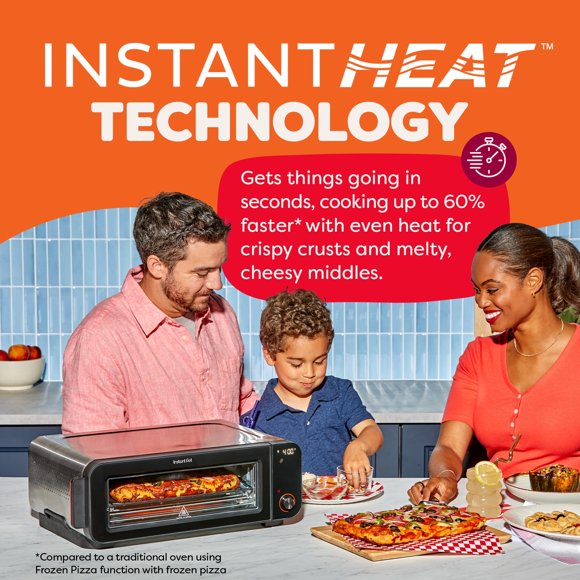 A family gathers at the counter to enjoy pizza while the Instant Pot® InstantHeat™ Pizza and Toaster Oven bakes a frozen pizza. Text promotes “InstantHeat™ Technology,” noting the oven heats up in seconds and cooks up to 60% faster with crispy crusts and melty, cheesy middles.