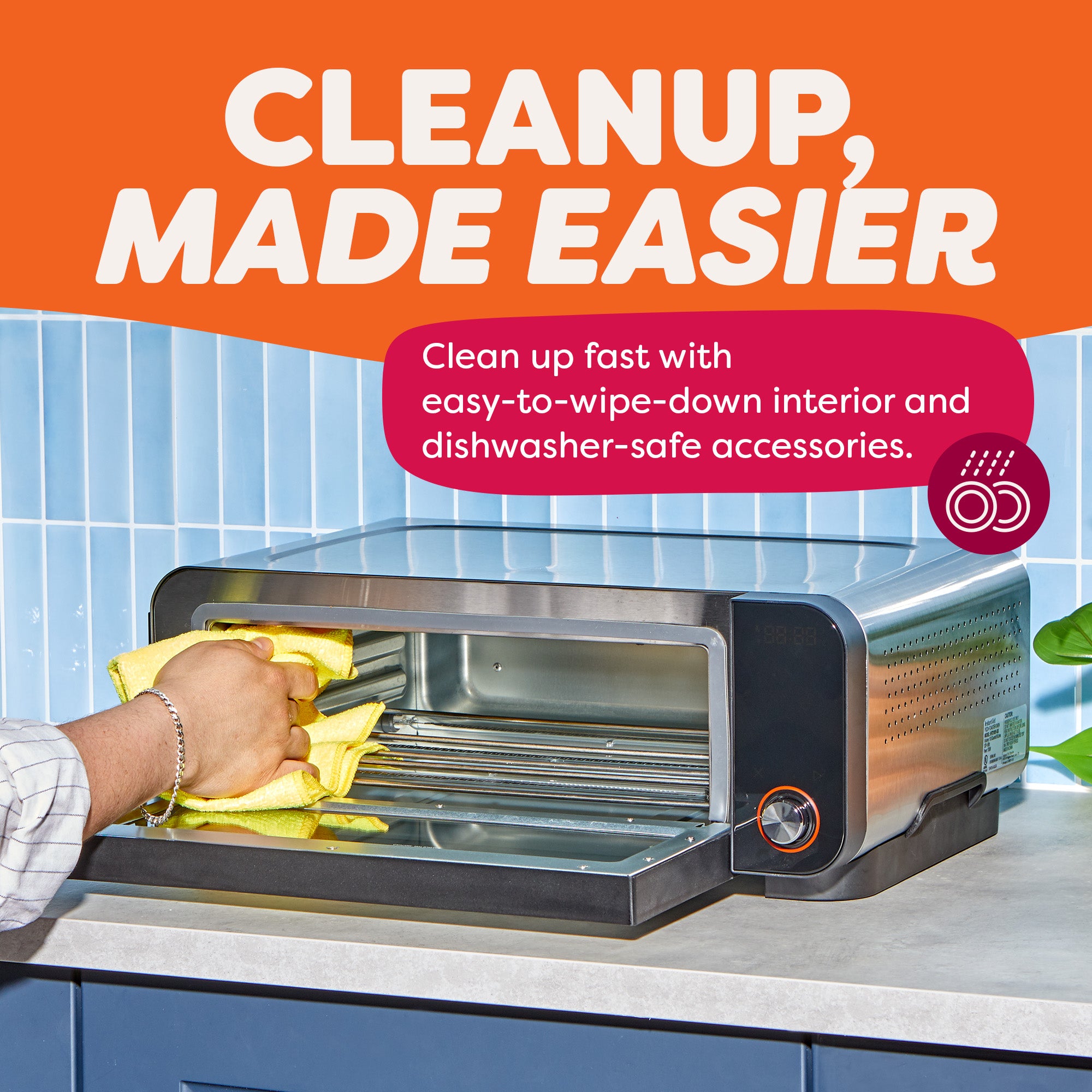 A person wipes the inside of the Instant Pot® InstantHeat™ Pizza and Toaster Oven with a yellow cloth. Text promotes quick cleanup with a wipe-down interior and dishwasher-safe accessories.