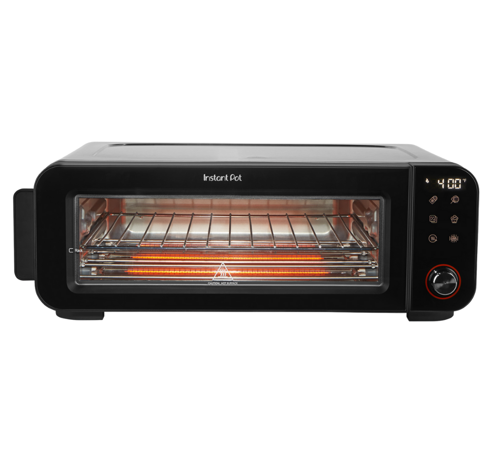 Front-facing view of the Instant Pot® InstantHeat™ Pizza and Toaster Oven with the door closed. The heating elements are glowing orange, and the oven is empty with a rack positioned in the middle. The digital control panel on the right displays 400°F with six illuminated function icons and a control knob below.