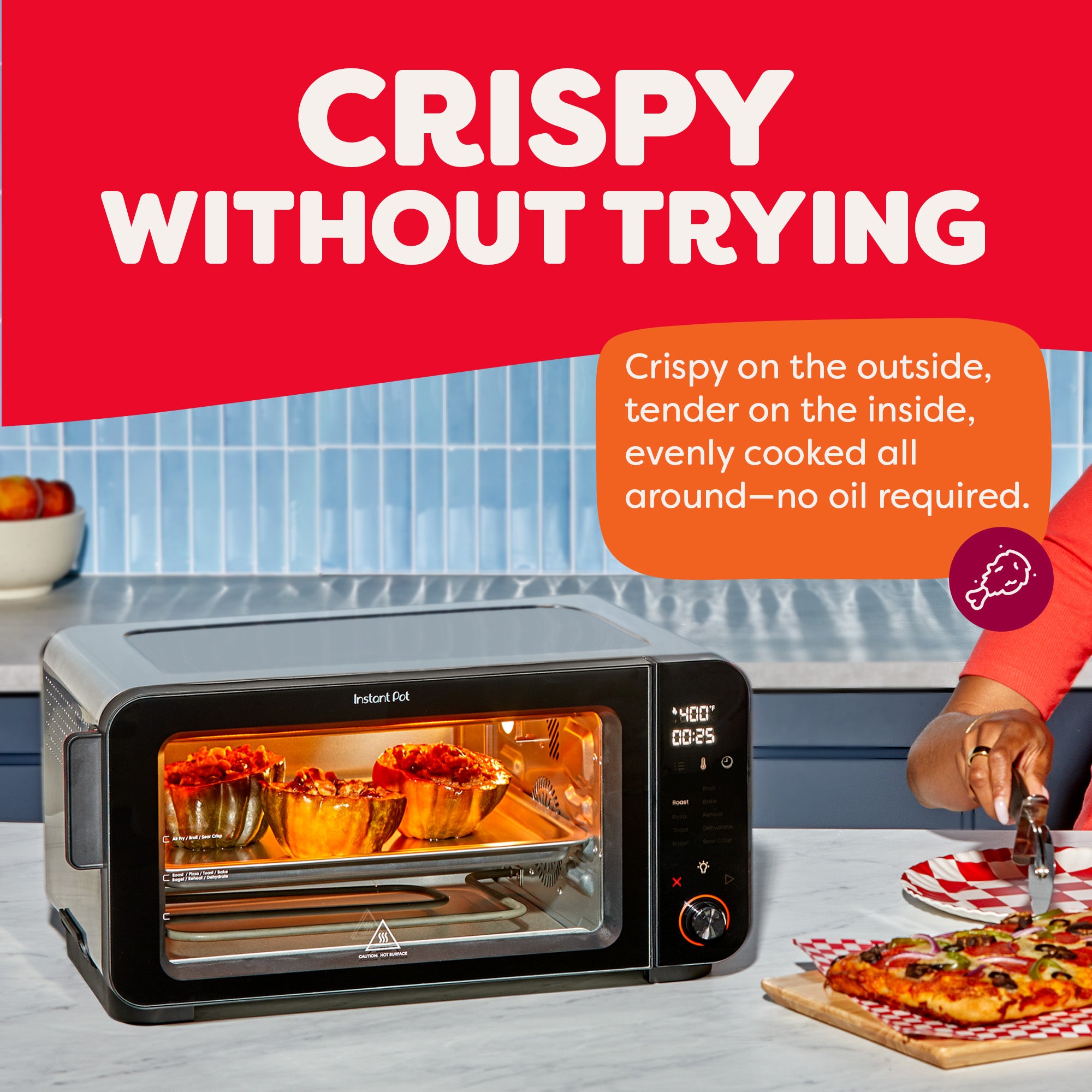 The Instant Pot® 6-Slice InstantHeat™ Air Fryer Toaster Oven cooks stuffed squash while a person prepares to serve a meal. Text reads “Crispy Without Trying,” highlighting even, oil-free cooking with crispy exteriors and tender interiors