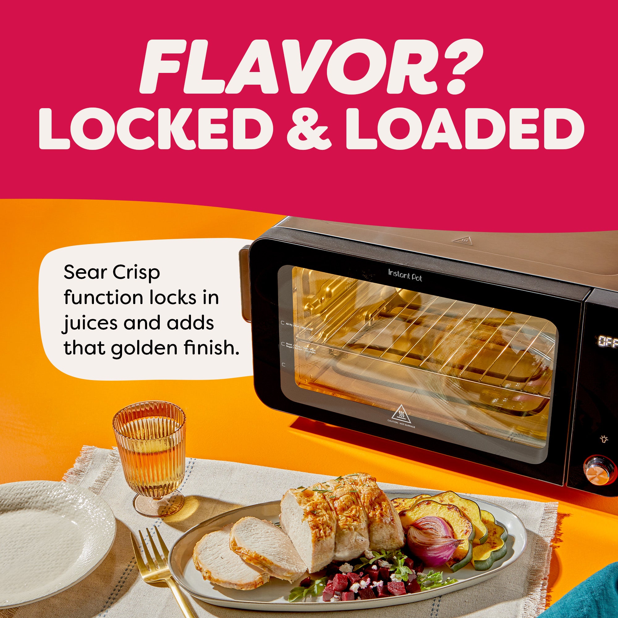 Cooked chicken breast served on a plate beside the Instant Pot® 6-Slice InstantHeat™ Air Fryer Toaster Oven. Text reads “Flavor? Locked & Loaded,” promoting the Sear Crisp function that locks in juices and creates a golden finish.