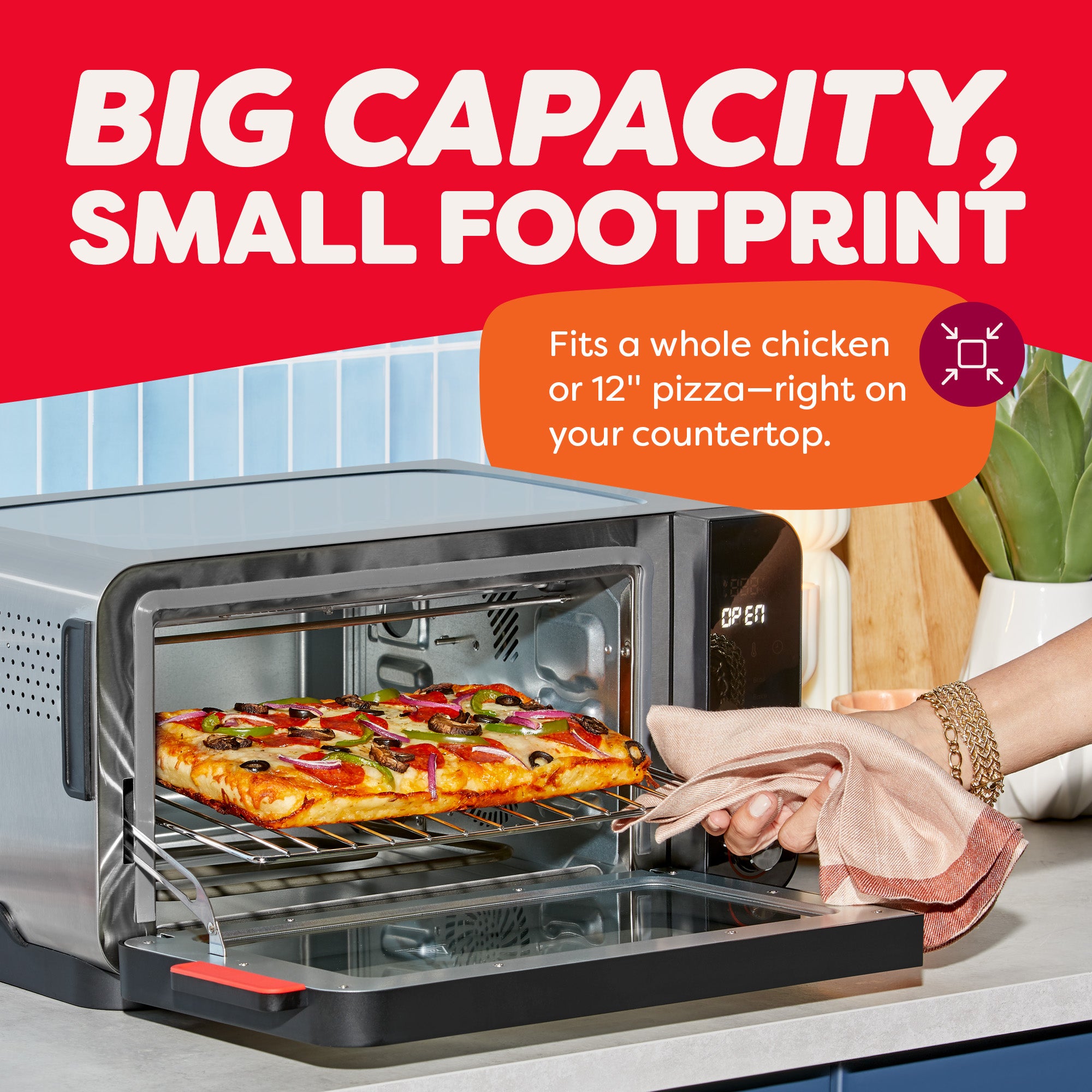 A person removes a rectangular pizza from the Instant Pot® 6-Slice InstantHeat™ Air Fryer Toaster Oven. The text promotes its compact size while highlighting capacity to fit a whole chicken or 12-inch pizza.