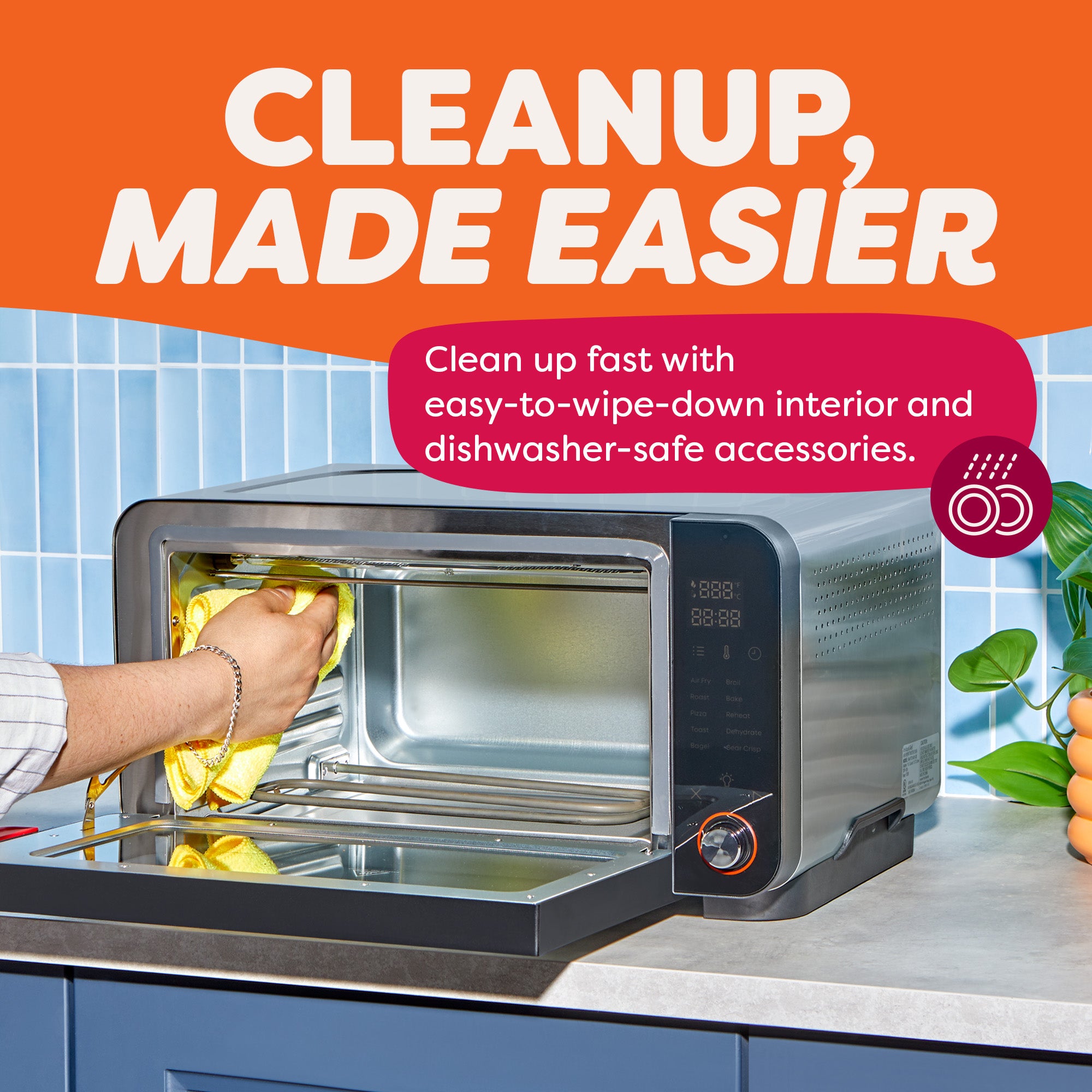 A hand wipes down the inside of the Instant Pot® 6-Slice InstantHeat™ Air Fryer Toaster Oven with a yellow cloth. Text highlights the easy-to-clean interior and dishwasher-safe accessories.