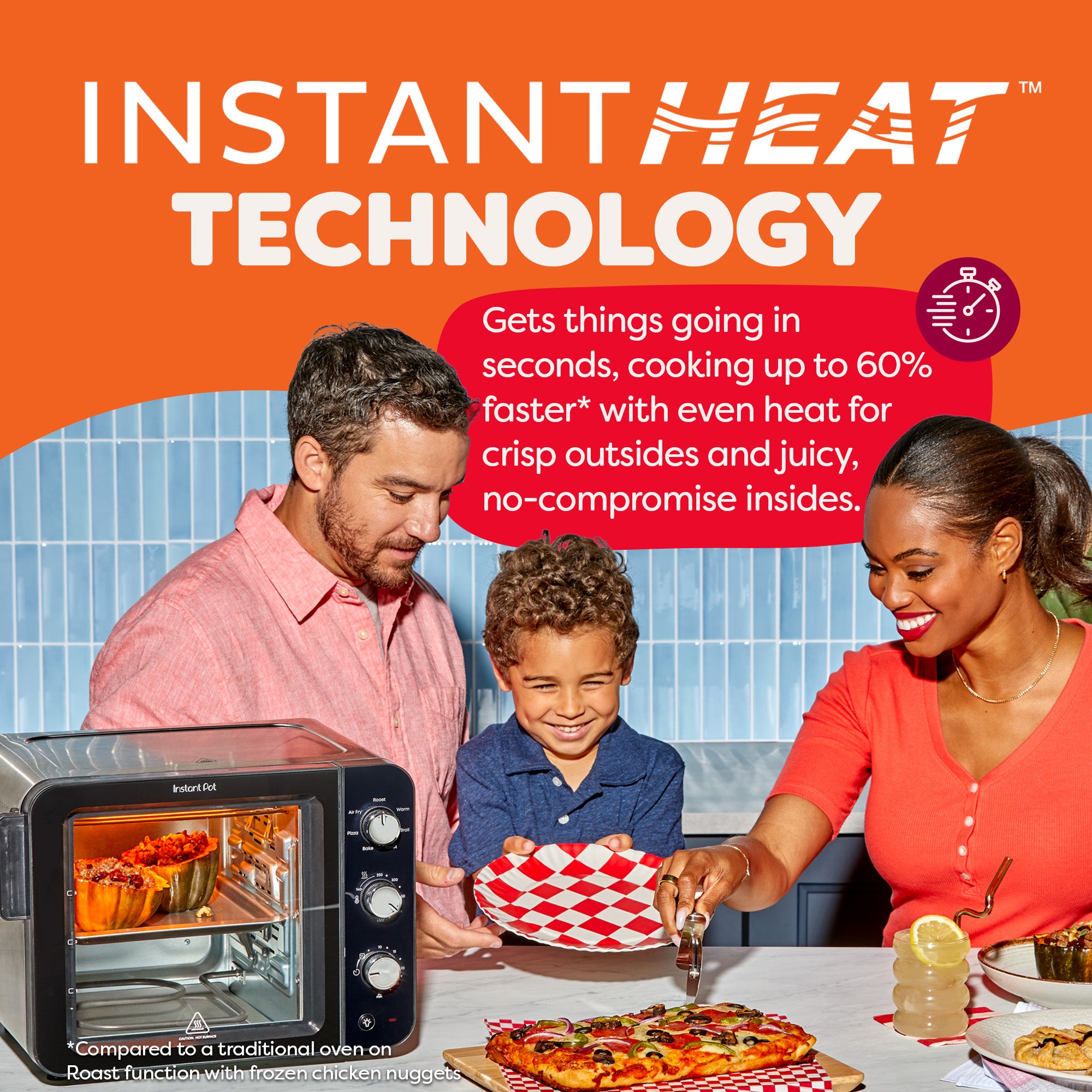 A family prepares to enjoy a fresh pizza at the counter while the Instant Pot® 4-Slice InstantHeat™ Mini Air Fryer Toaster Oven cooks stuffed squash. Bold text promotes “InstantHeat™ Technology” and describes faster, more even cooking with crispy outsides and juicy insides.