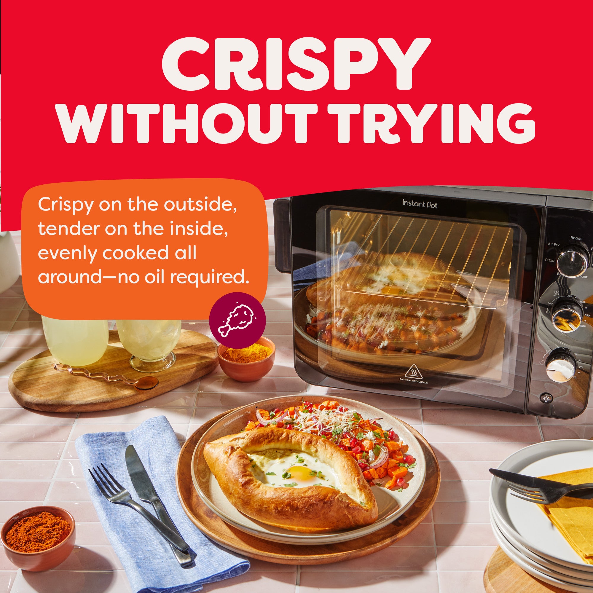 The Instant Pot® 4-Slice InstantHeat™ Mini Air Fryer Toaster Oven is seen in use on a kitchen counter with a crisped egg bread dish and a fresh salad plated nearby. Text highlights “Crispy Without Trying,” emphasizing evenly cooked, oil-free results that are crispy outside and tender inside.