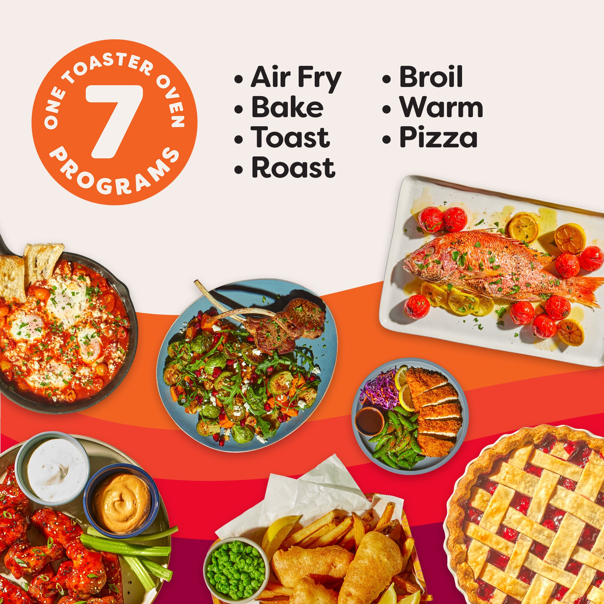 Colorful plated meals surround a list of the Instant Pot® 4-Slice InstantHeat™ Mini Air Fryer Toaster Oven’s 7 functions: Air Fry, Bake, Toast, Roast, Broil, Warm, and Pizza. Text reads “One Toaster Oven, 7 Programs.”