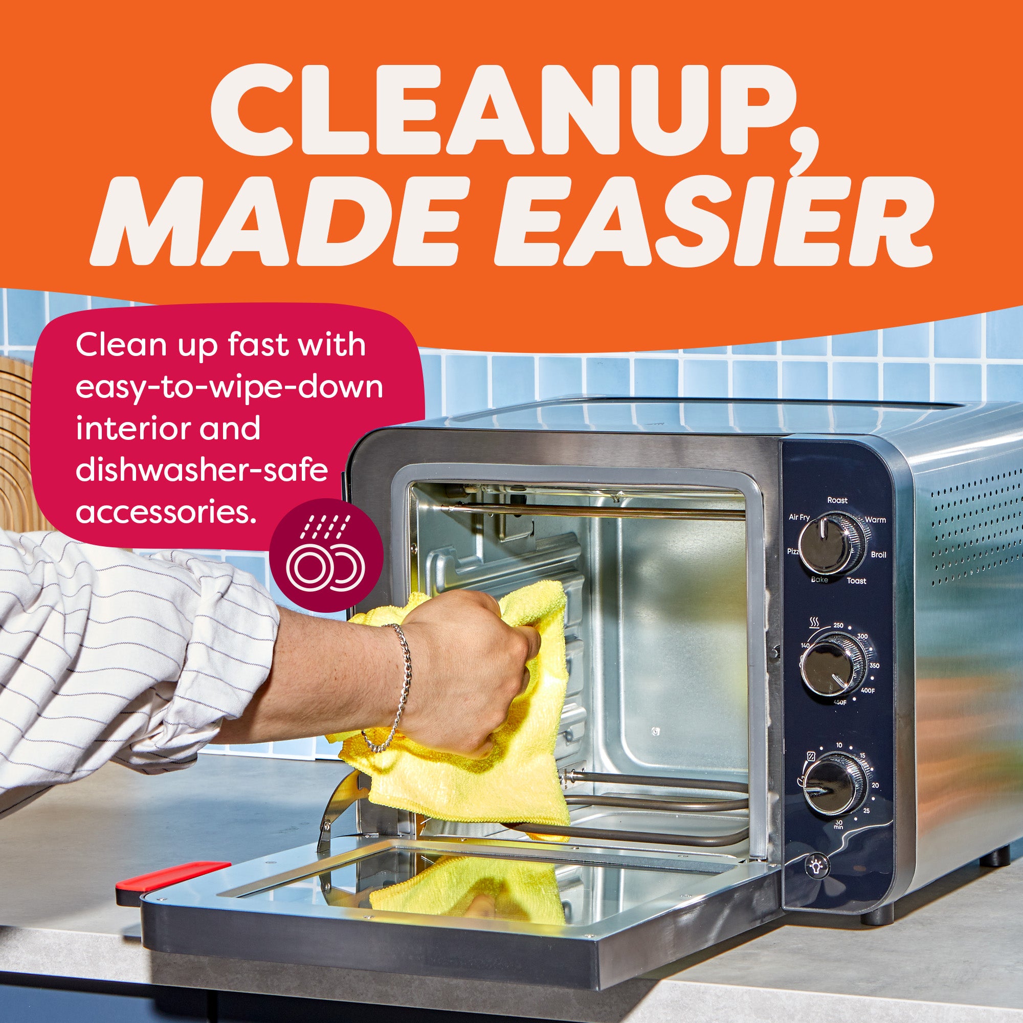 A hand wipes down the interior of the Instant Pot® 4-Slice InstantHeat™ Mini Air Fryer Toaster Oven with a yellow cloth. Text emphasizes easy cleanup with a wipe-down interior and dishwasher-safe accessories.