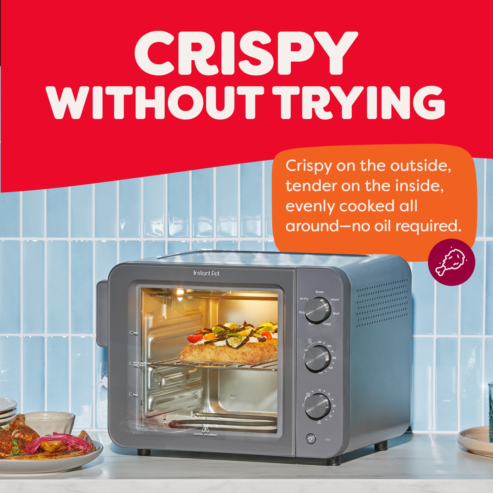Toaster oven with pizza inside, set against a kitchen background with promotional text.