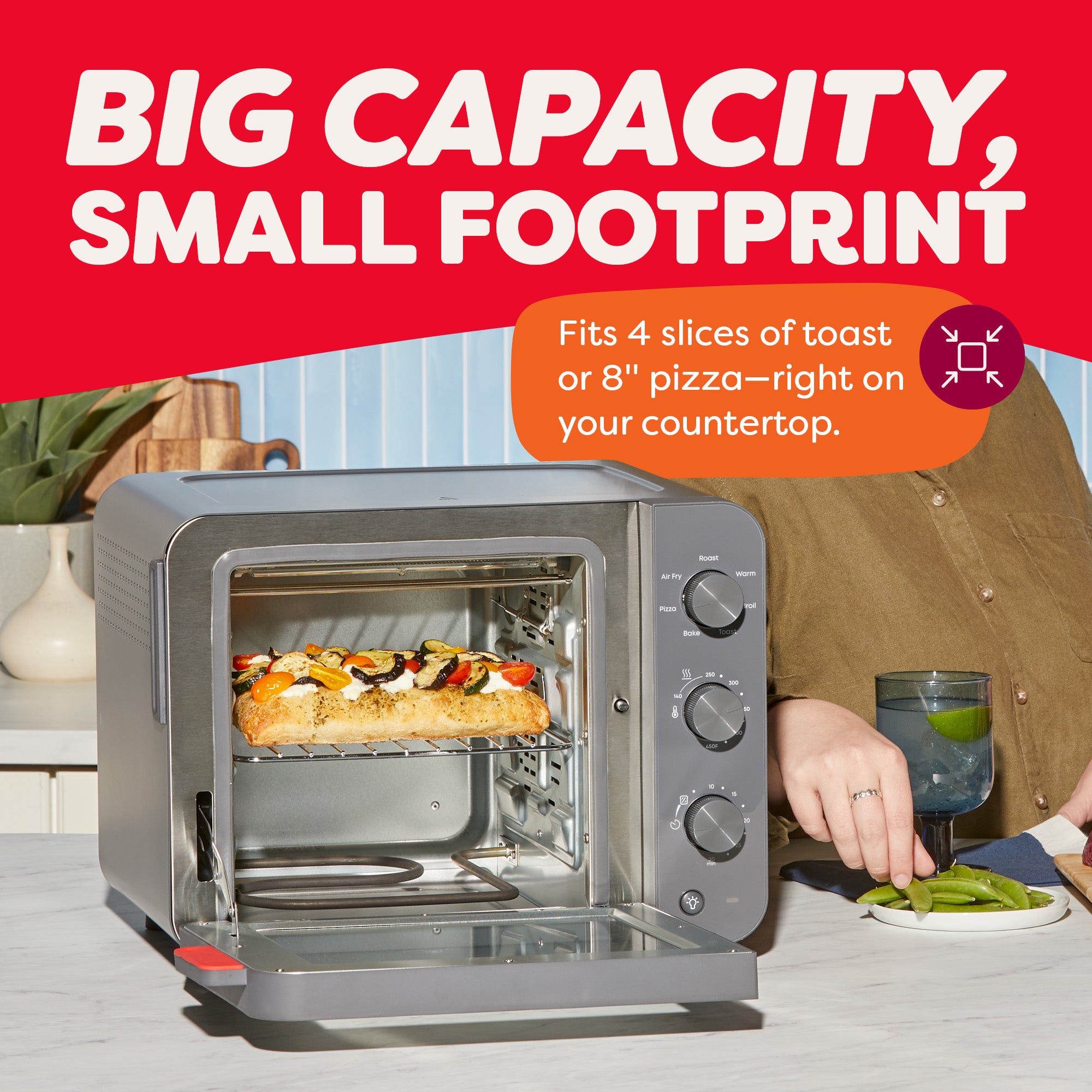 Toaster oven with pizza inside, person preparing food, and text about capacity and size.