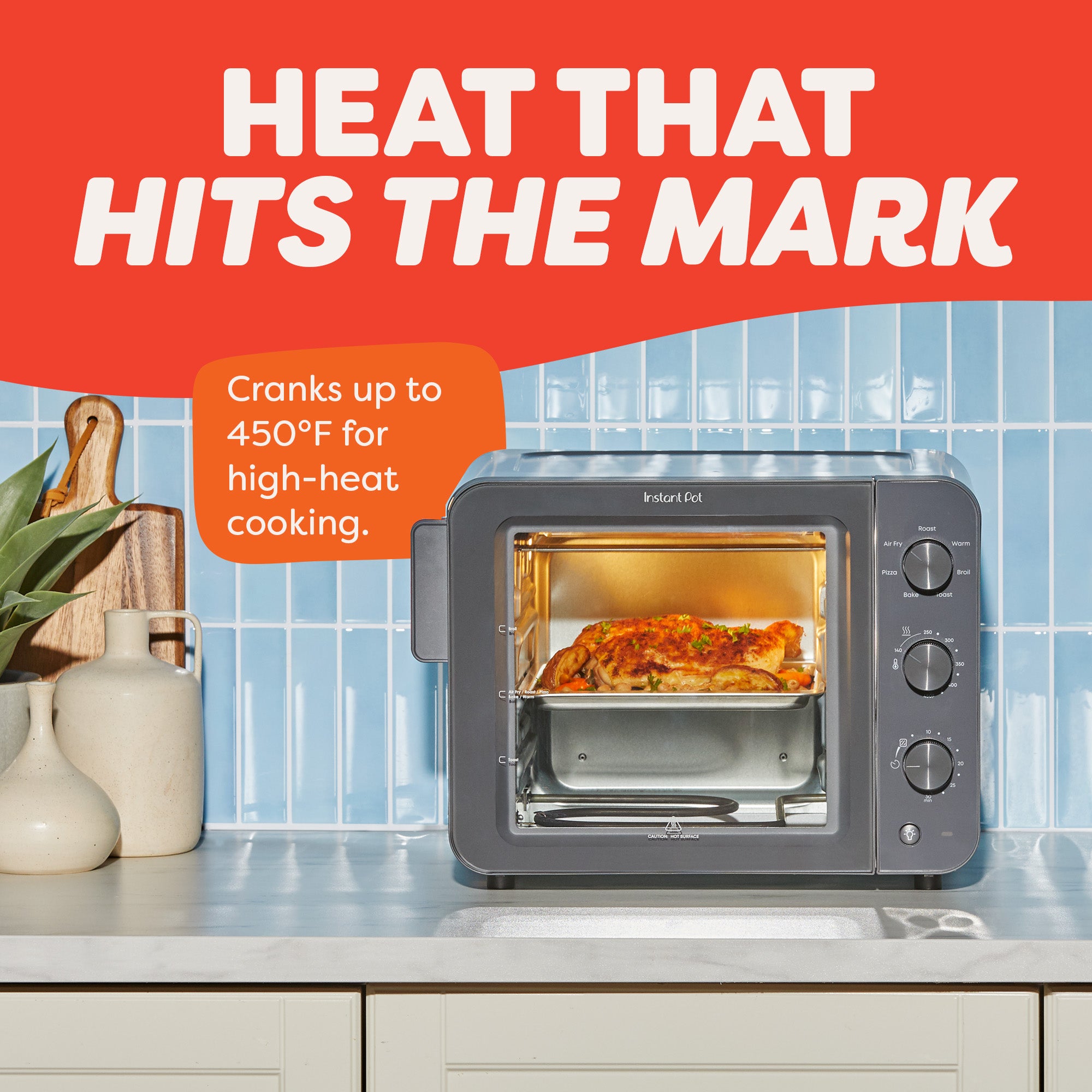 Toaster oven with pizza inside on a kitchen counter, text about high-heat cooking