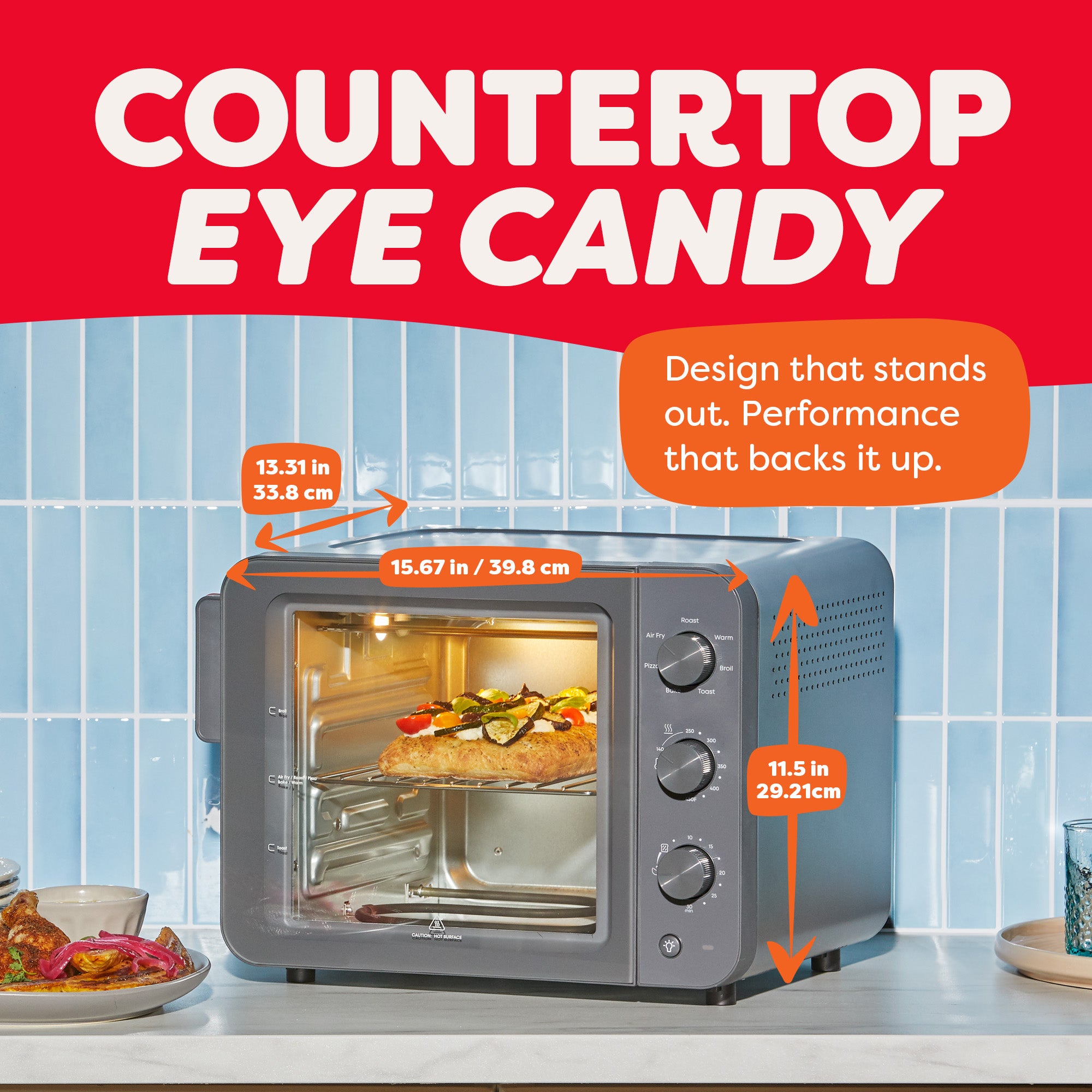 Gray toaster oven on a kitchen counter with measurements and text about its design and performance.