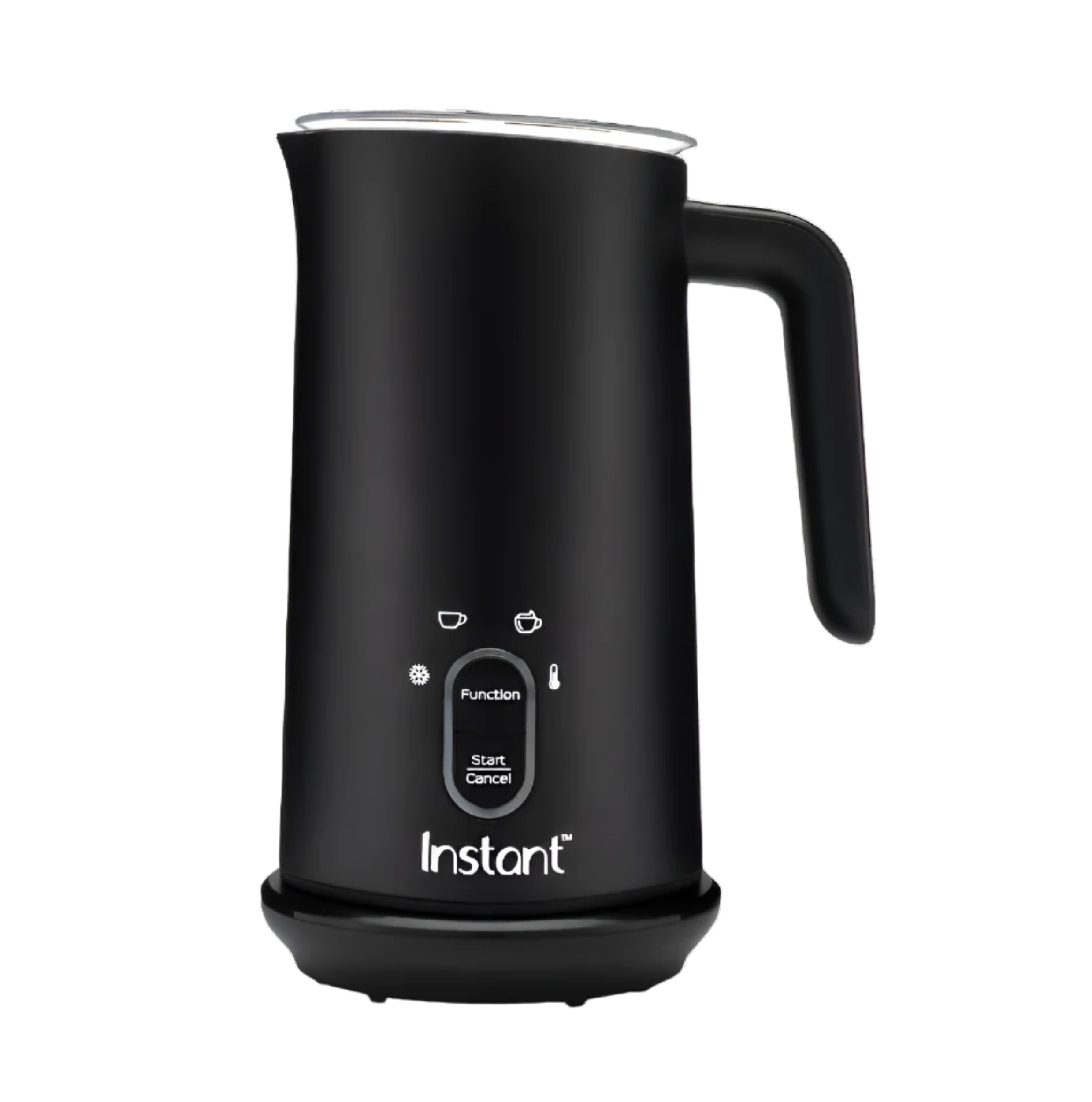 Front view of the Instant Pot® Milk Frother in a matte black finish, featuring a single-button control panel with icons for hot foam, cold foam, heating, and a whisk function. The sleek, modern design includes a sturdy handle and a compact base, perfect for countertop use.