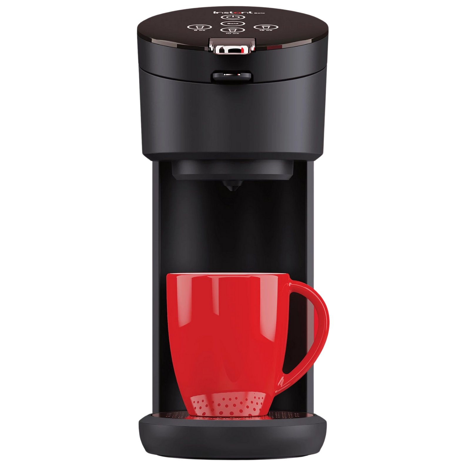Instant Pot® Solo Single-Serve Coffee Maker in black, shown with a red mug positioned on the drip tray beneath the brewing spout.