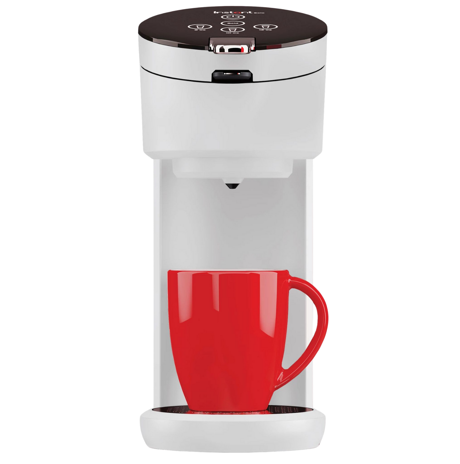 Instant Pot® Solo Single-Serve Coffee Maker in white, shown with a red mug positioned on the drip tray beneath the brewing spout.