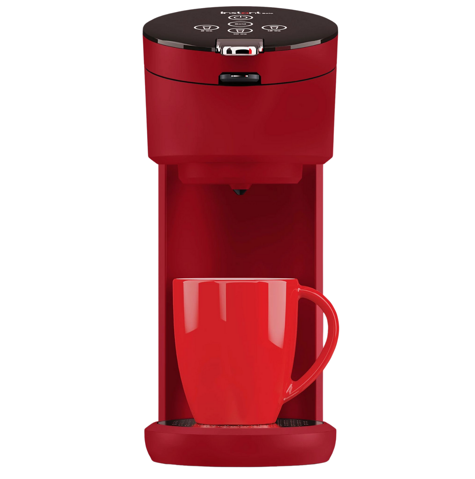 Instant Pot® Solo Single-Serve Coffee Maker in maroon, shown with a red mug positioned on the drip tray beneath the brewing spout.