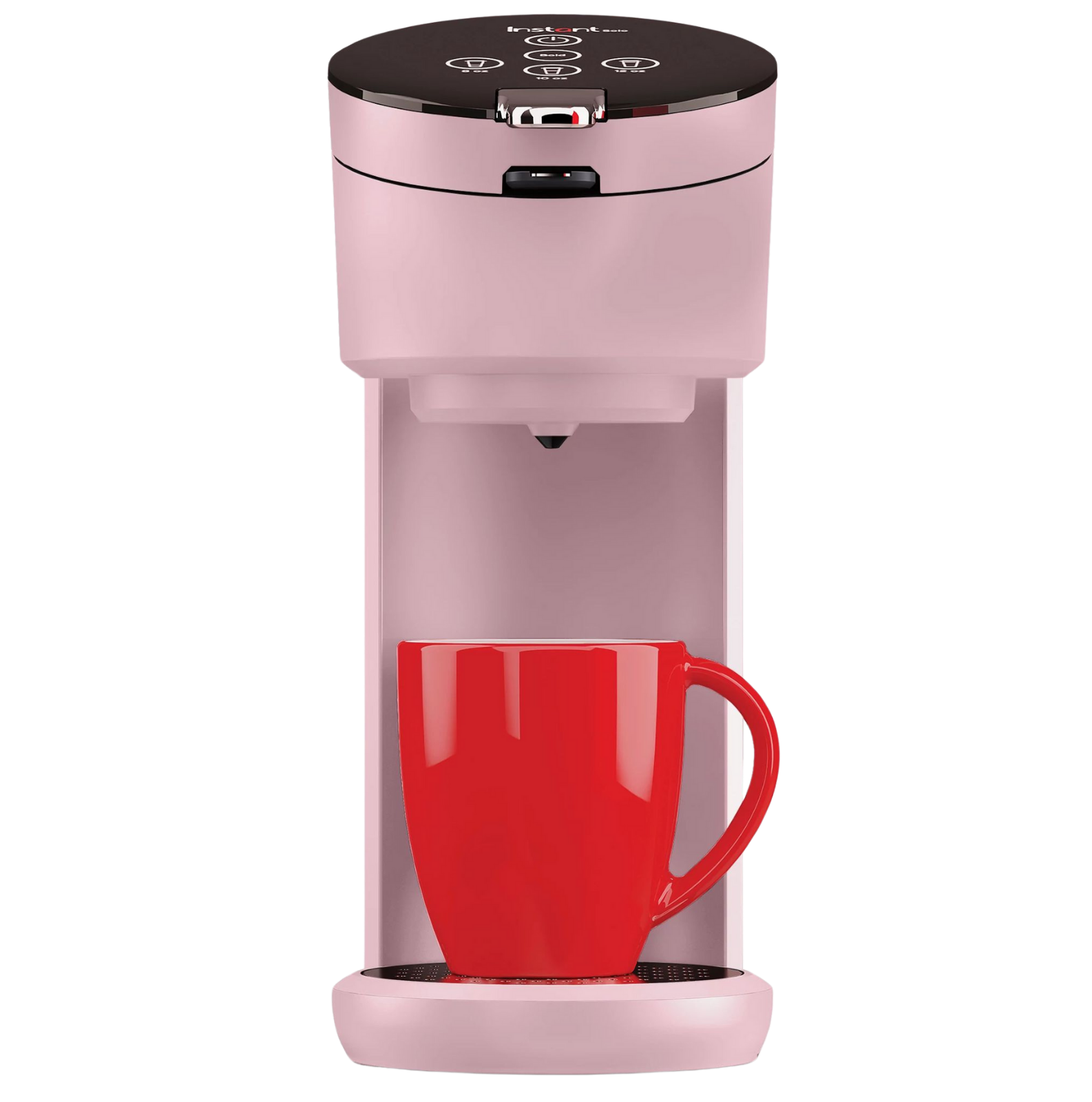 Instant Pot® Solo Single-Serve Coffee Maker in pink, shown with a red mug positioned on the drip tray beneath the brewing spout.