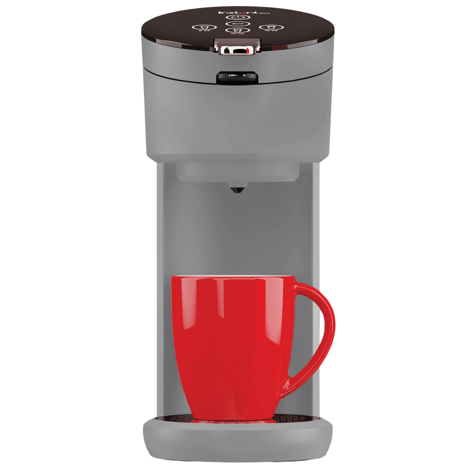 Instant Pot® Solo Single-Serve Coffee Maker in gray, shown with a red mug positioned on the drip tray beneath the brewing spout.