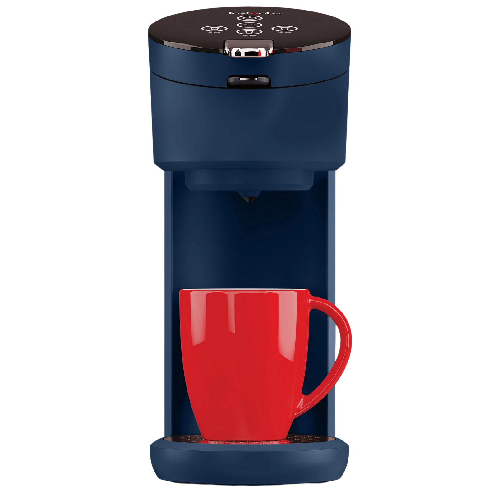 Instant Pot® Solo Single-Serve Coffee Maker in navy, shown with a red mug positioned on the drip tray beneath the brewing spout.
