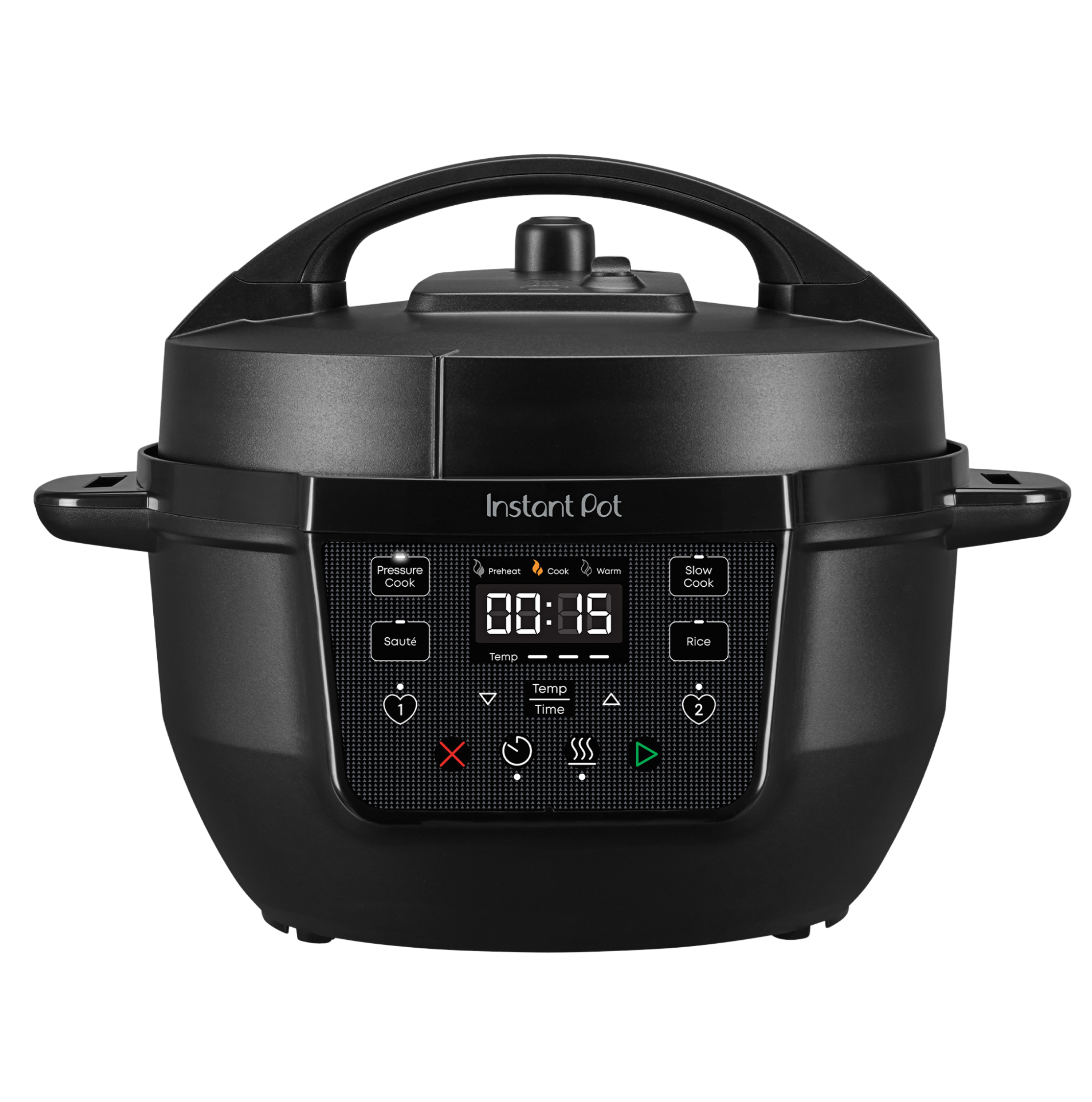 Front view of the Instant Pot® 4QT RIO™ Mini Chef Series Multi-Cooker in Black. The compact appliance has a sleek matte finish, a digital display set to 00:15, and clearly labeled buttons for Pressure Cook, Slow Cook, Rice, and Sauté, along with programmable favorites and a steam release control.