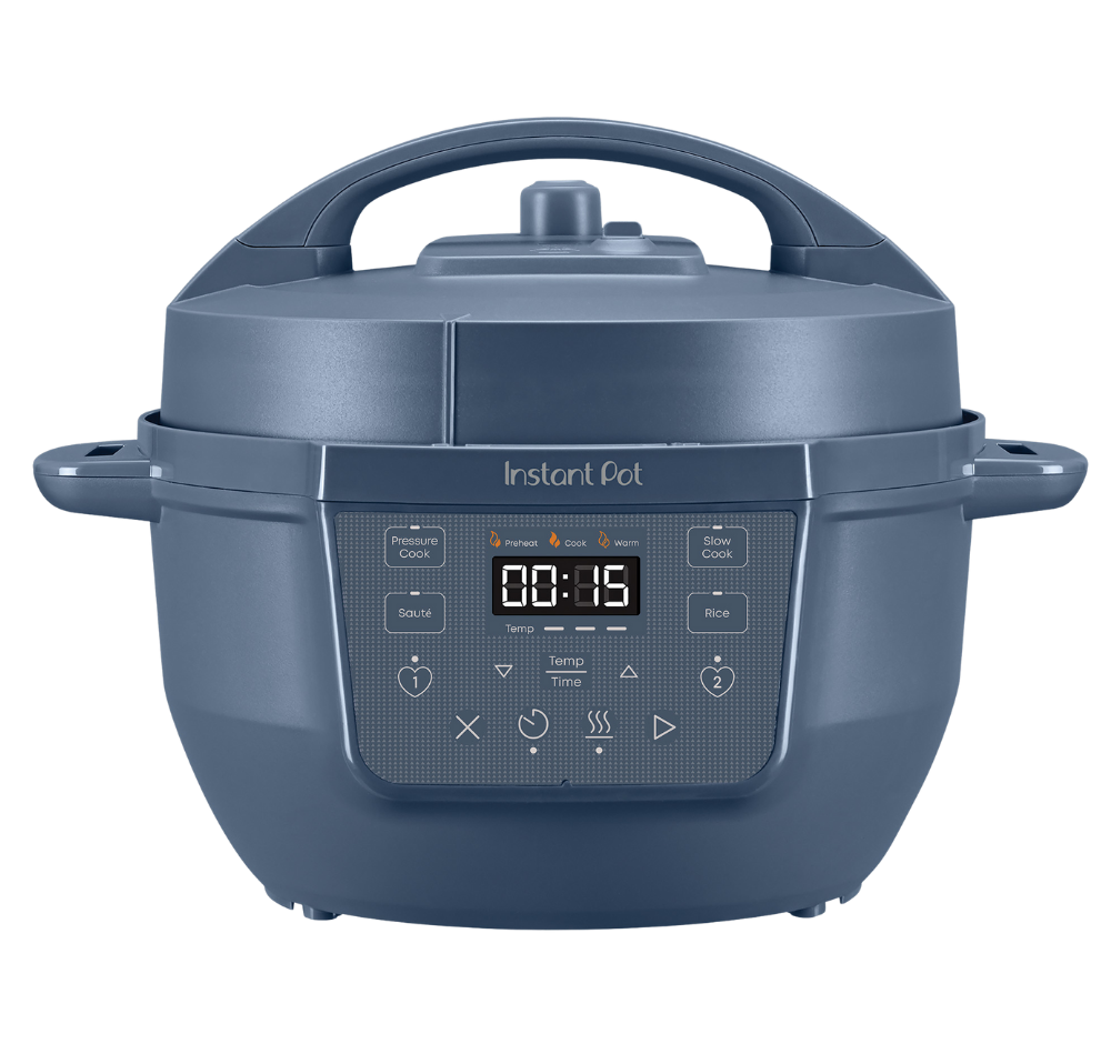 Instant Pot® 4QT RIO™ Mini Chef Series Multi-Cooker in Daydream, featuring a whimsical light blue finish, compact design with side handles, and an intuitive front-facing control panel with labeled cooking functions including Pressure Cook, Sauté, Rice, and Slow Cook and two options to save your favorite settings.