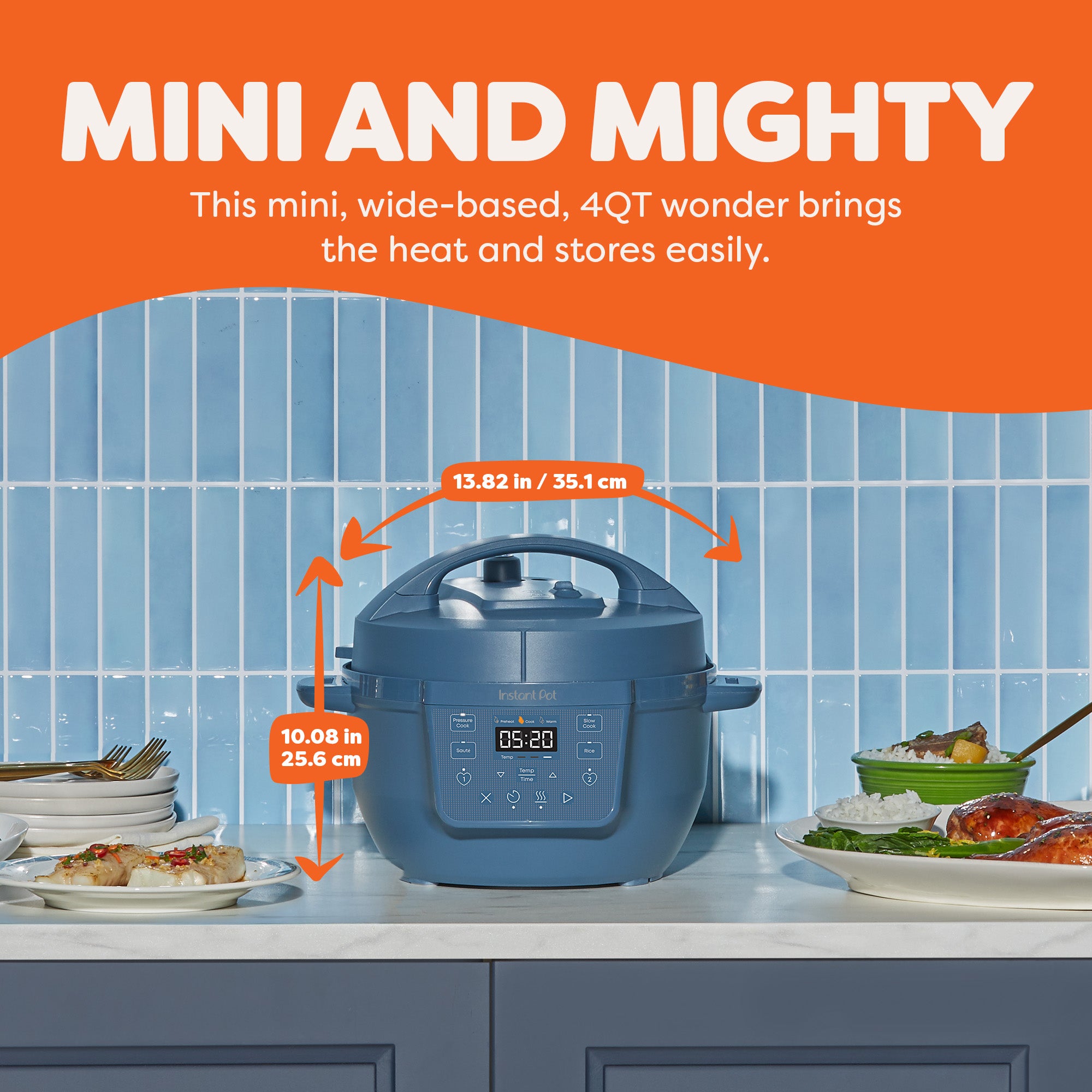 Instant Pot® 4QT RIO™ Mini Chef Series Multi-Cooker in Daydream displayed on a kitchen counter with dimensions labeled—13.82 inches (35.1 cm) wide and 10.08 inches (25.6 cm) tall. The appliance sits between plated dishes and desserts, highlighting its compact, wide-based design ideal for tight spaces. The text above reads “Mini and Mighty: This mini, wide-based, 4QT wonder brings the heat and stores easily.”