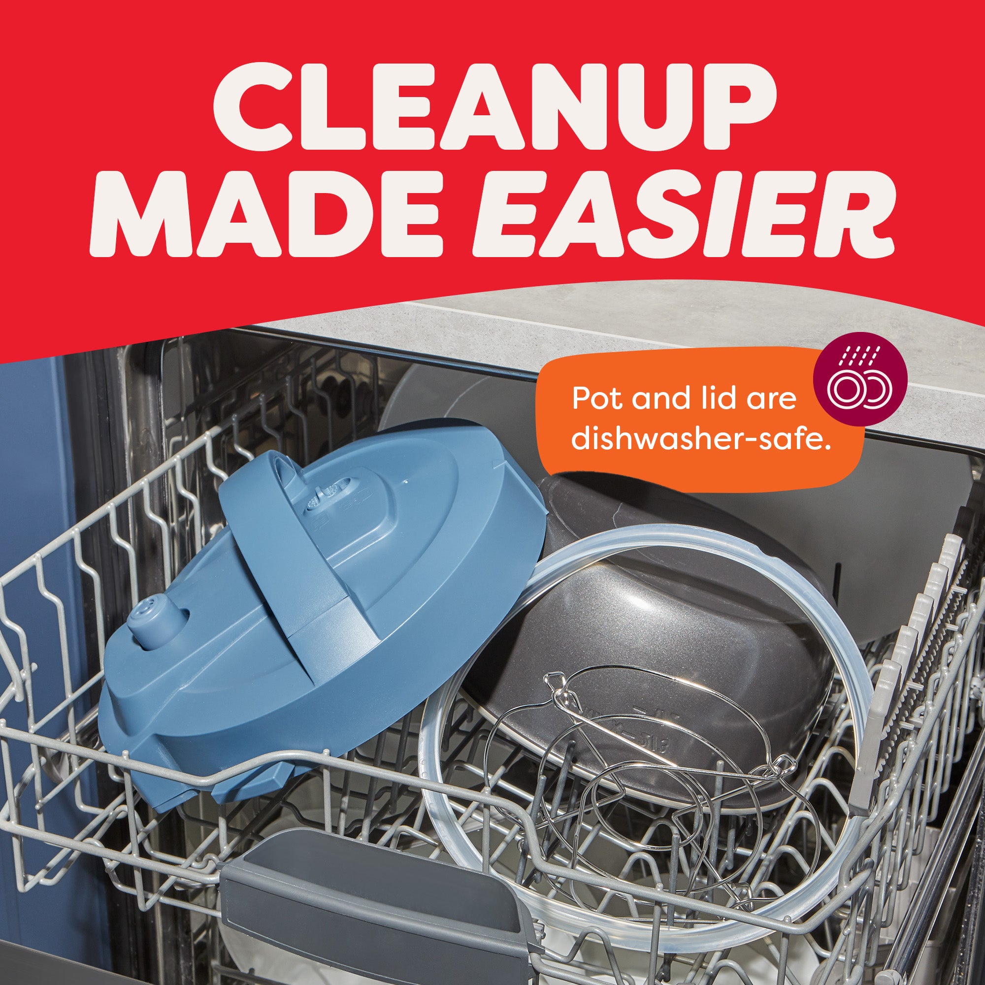 Instant Pot® 4QT RIO™ Mini Chef Series Multi-Cooker in Daydream shown disassembled in a dishwasher. The inner pot, lid, sealing ring, and accessories are placed on the top rack. A callout reads, “Pot and lid are dishwasher-safe,” under the bold header “Cleanup Made Easier.”