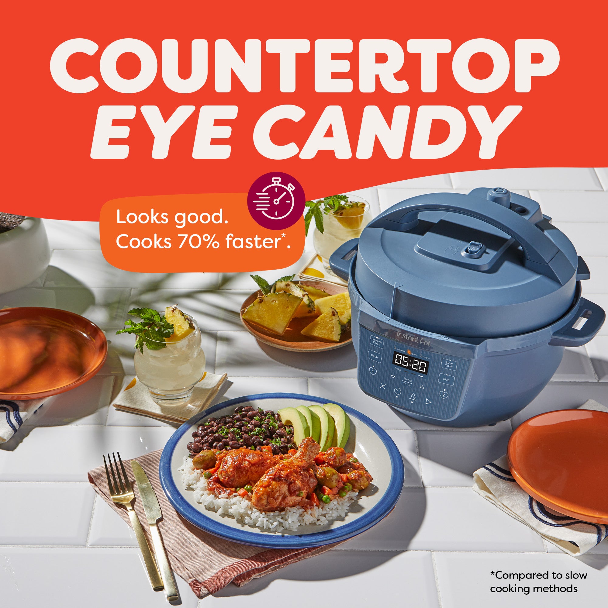 Instant Pot® 4QT RIO™ Mini Chef Series Multi-Cooker in Daydream (soft blue) displayed on a white tiled countertop. Surrounded by tropical drinks, chips, and a plated dish of stewed chicken, rice, beans, and avocado. A callout reads, “Looks good. Cooks 70% faster*” under the bold header “Countertop Eye Candy,” with a footnote stating, “*Compared to slow cooking methods.”