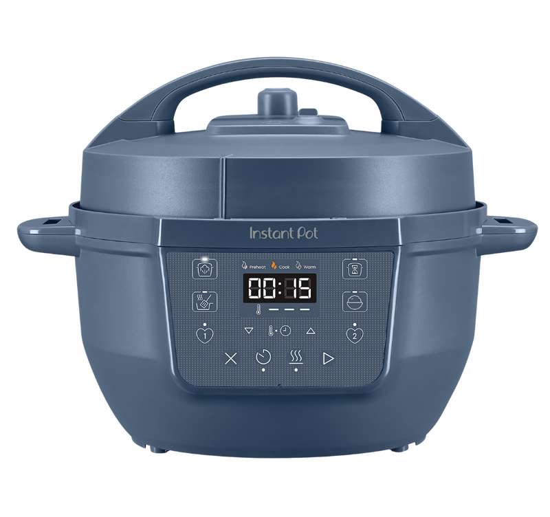 Instant Pot® 4QT RIO™ Mini Chef Series Multi-Cooker in Daydream, featuring a soft blue finish and a modern, flat digital control panel with icons for various cooking functions and two programmable favorite buttons.