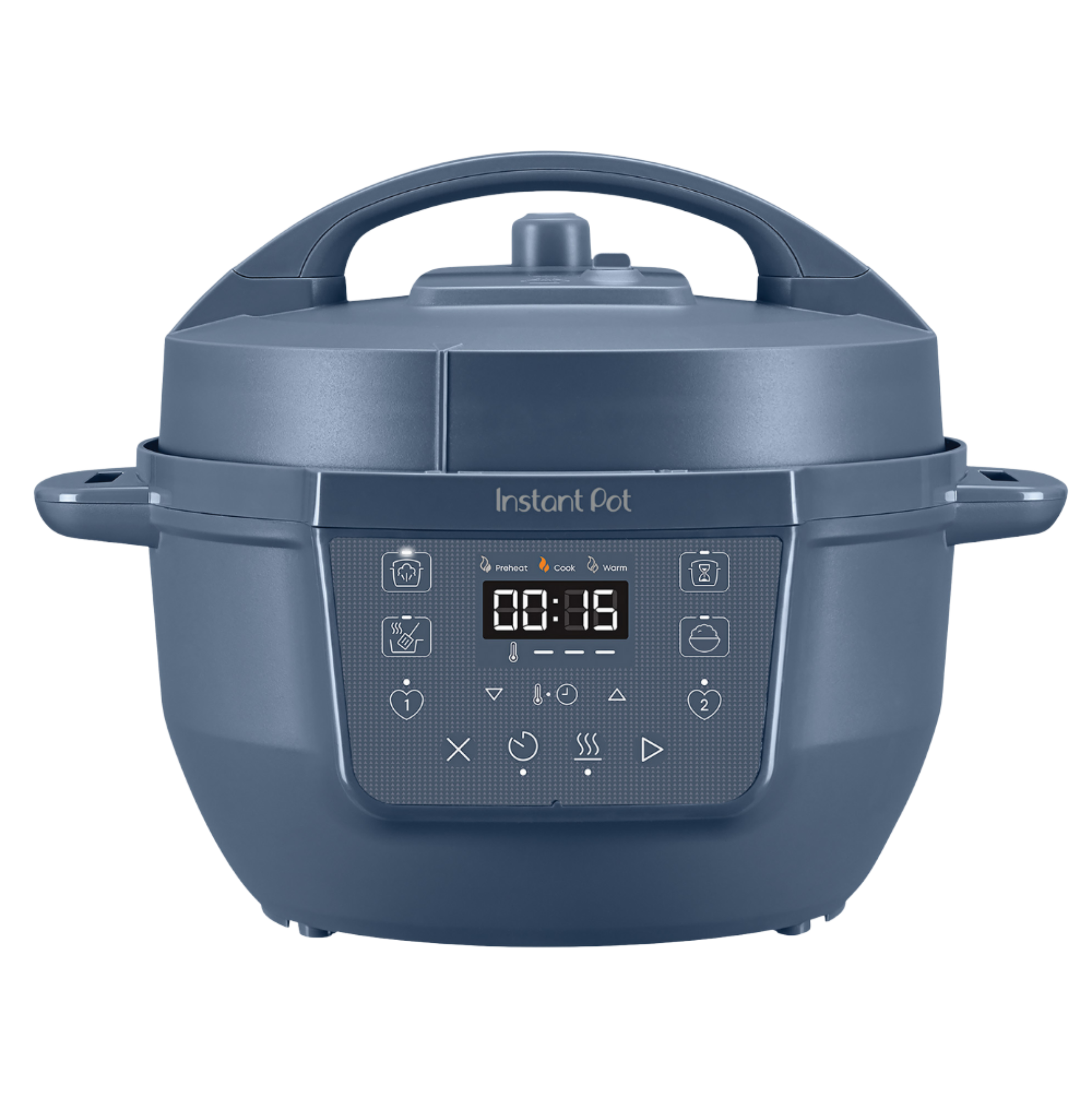 The Canadian version of the Instant Pot® 4QT RIO™ Mini Chef Series Multi-Cooker in Daydream, featuring a compact design with a matte light blue finish and an intuitive digital control panel. The interface includes one-touch icons for  Pressure Cook, Sauté, Rice, Slow Cook, and Keep Warm functions, as well as two customizable favorites. Timer is set to 00:15.