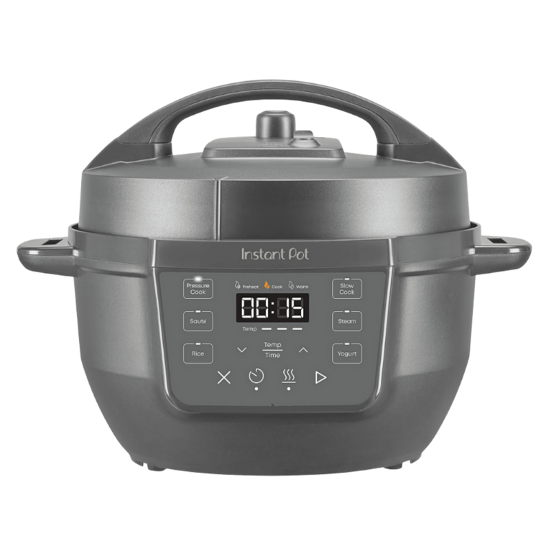 Instant Pot® 4QT RIO™ Mini Multi-Cooker in Truffle with a matte finish, compact body, and an easy-to-read digital control panel featuring one-touch buttons for Pressure Cook, Sauté, Rice, Steam, Slow Cook, Yogurt, and Keep Warm functions. Timer is set to 00:15.