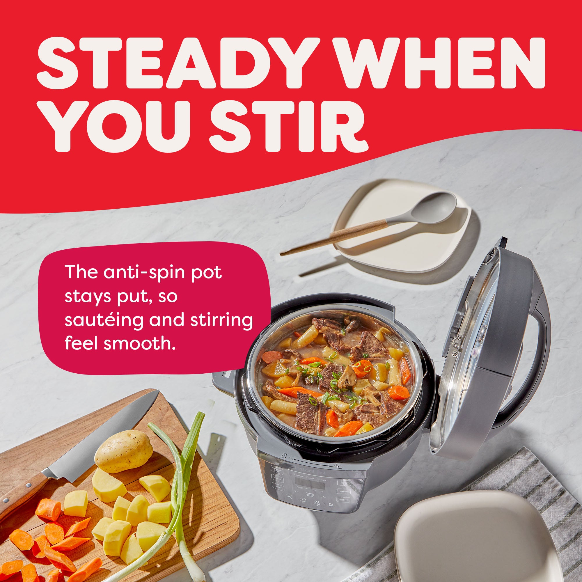 Instant Pot® 4QT RIO™ Mini Multi-Cooker in Truffle shown open with a hearty beef and vegetable stew inside. A text bubble reads, “The anti-spin pot stays put, so sautéing and stirring feel smooth.” The countertop features chopped vegetables, a knife, and dishware, reinforcing the cooking process. Bold header above reads, “Steady When You Stir.”