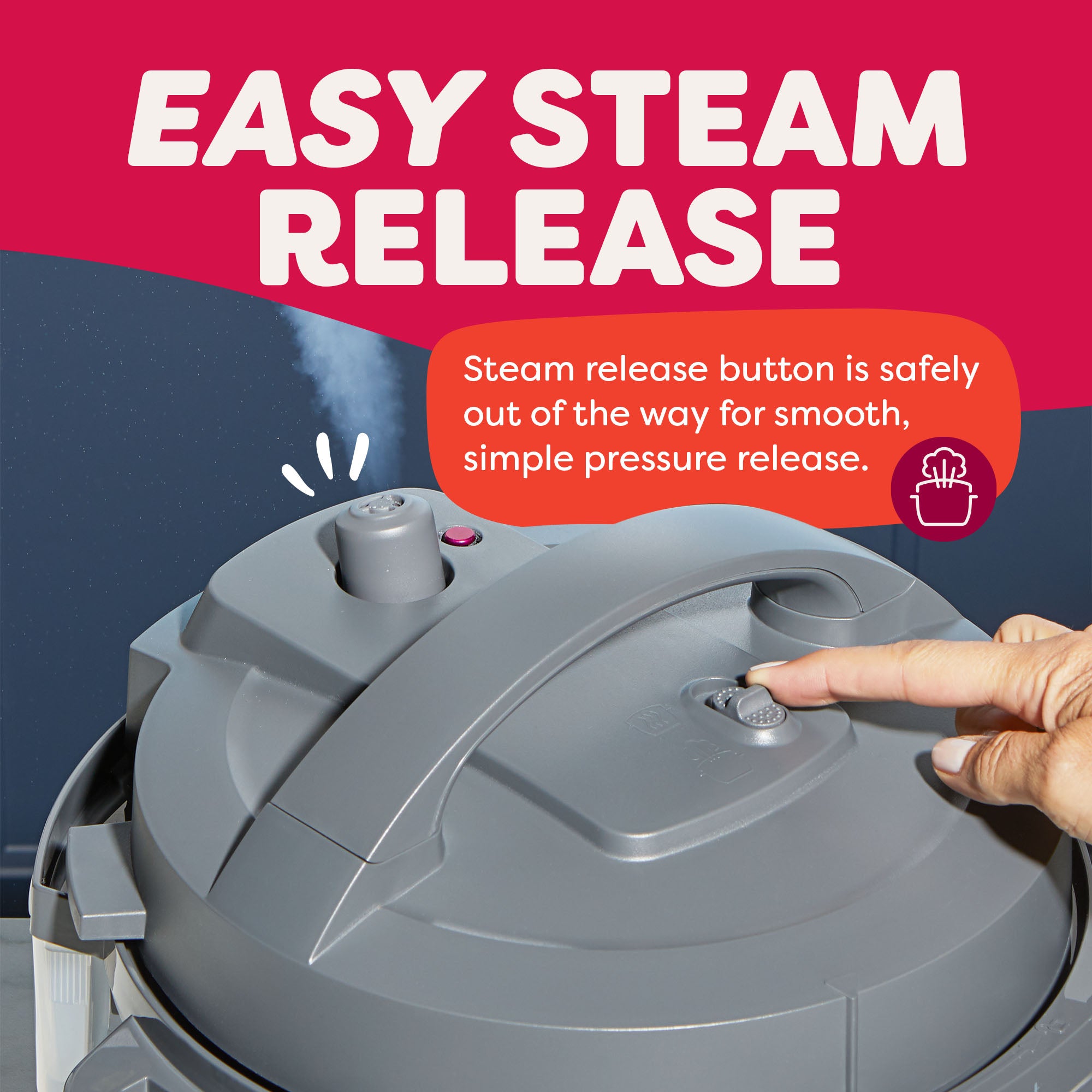Close-up of the Instant Pot® 4QT RIO™ Mini Multi-Cooker in Truffle, highlighting the safe, front-positioned steam release button being pressed. Steam visibly vents from the top of the lid. A callout reads, “Steam release button is safely out of the way for smooth, simple pressure release.” The header above says, “Easy Steam Release.”