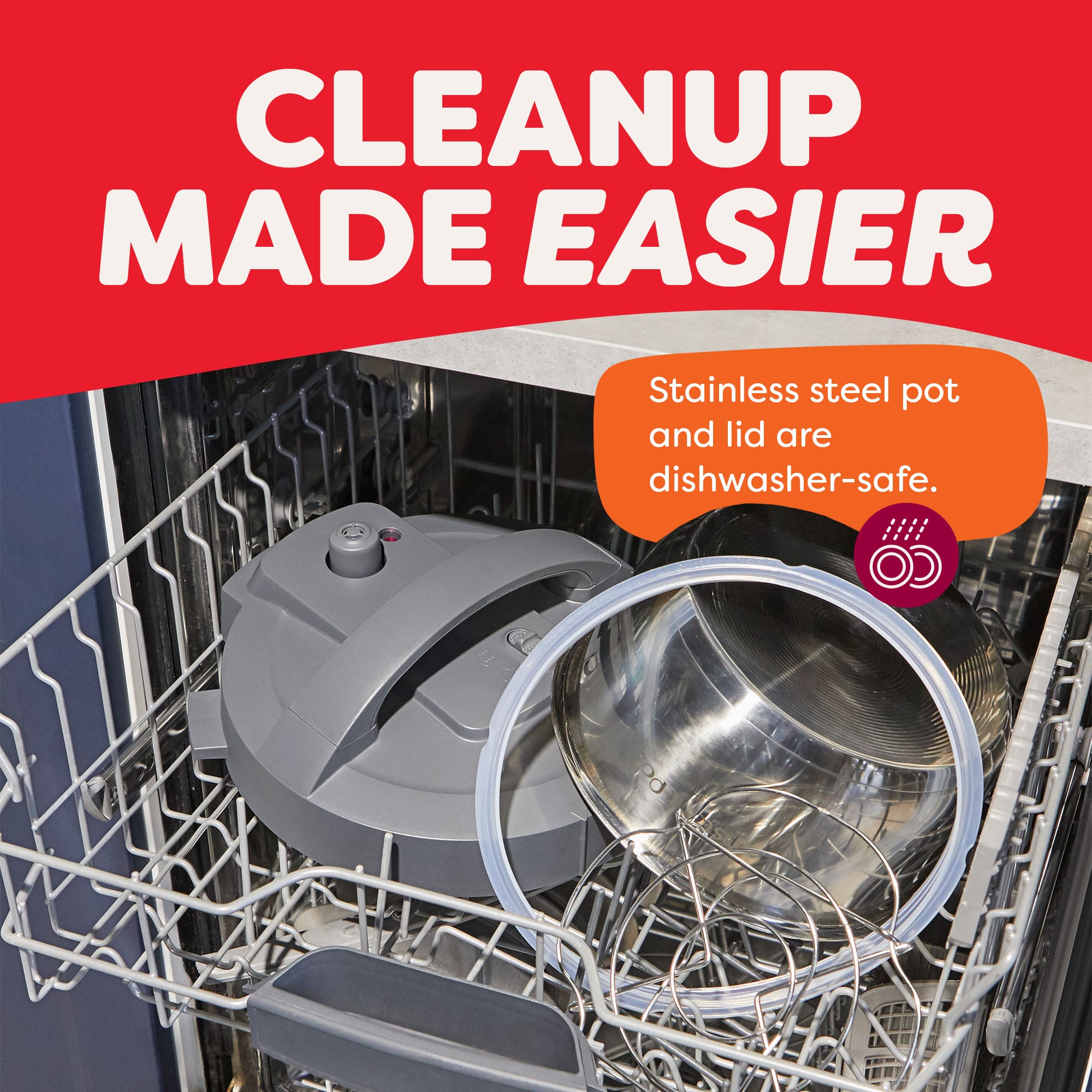  Instant Pot® 4QT RIO™ Mini Multi-Cooker in Truffle shown disassembled in a dishwasher. The stainless steel inner pot, lid, sealing ring, and accessories are placed on the top rack. A callout reads, “Stainless steel pot and lid are dishwasher-safe,” under the bold header “Cleanup Made Easier.”