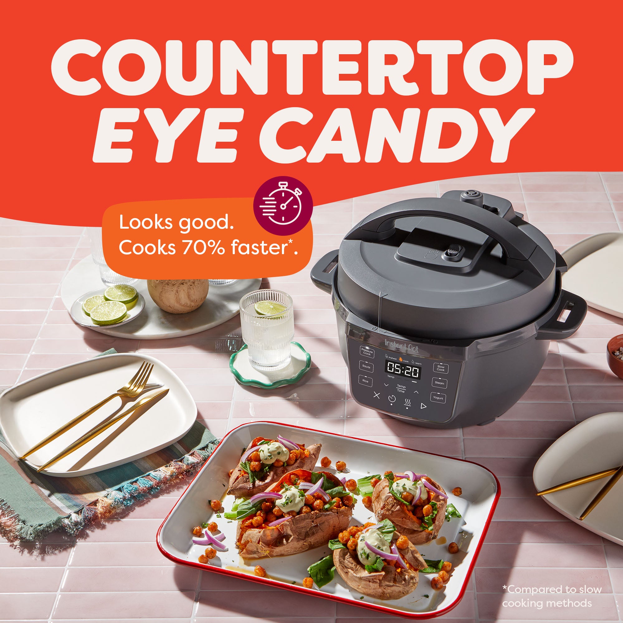 Instant Pot® 4QT RIO™ Mini Multi-Cooker in Truffle displayed on a pink tiled countertop surrounded by drinks, plates, and a tray of stuffed sweet potatoes with chickpeas and greens. A callout reads, “Looks good. Cooks 70% faster*,” and the bold header above states, “Countertop Eye Candy.” A small footnote clarifies: “*Compared to slow cooking methods.”