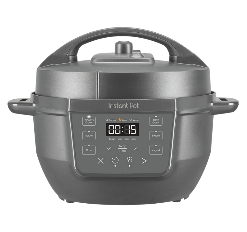 Instant Pot® 4QT RIO™ Mini Multi-Cooker in Truffle, featuring a sleek matte gray finish, compact design with side handles, and an intuitive front-facing control panel with labeled cooking functions including Pressure Cook, Sauté, Rice, Slow Cook, Steam, and Yogurt.