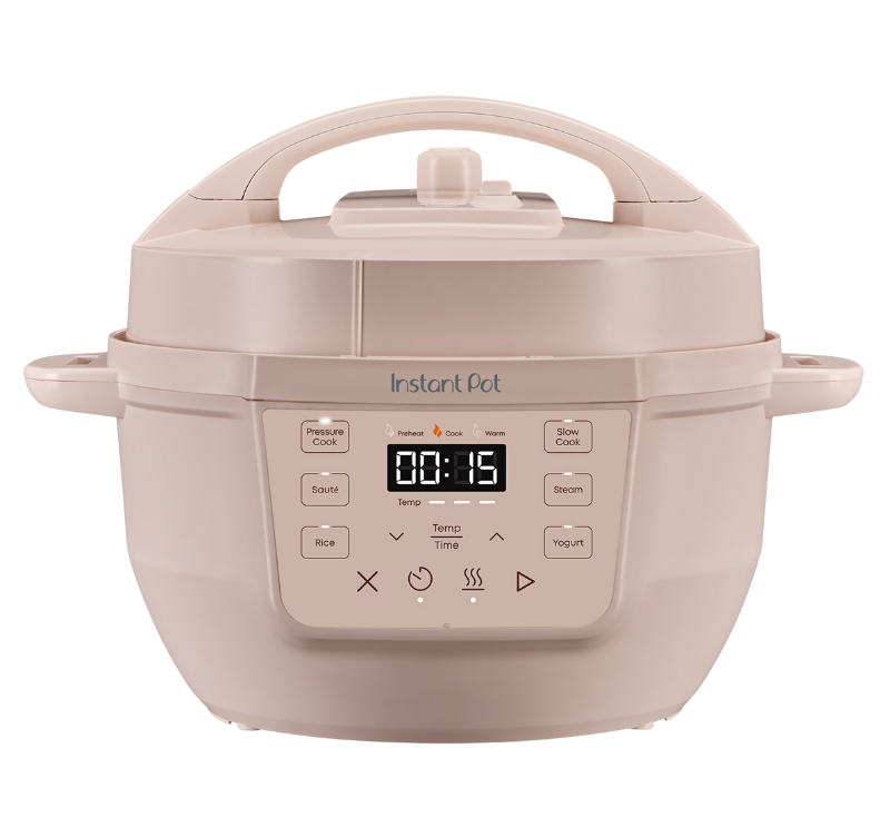 Instant Pot® 4QT RIO™ Mini Multi-Cooker in Rosewater, featuring a whimsical light pink finish, compact design with side handles, and an intuitive front-facing control panel with labeled cooking functions including Pressure Cook, Sauté, Rice, Slow Cook, Steam, and Yogurt.