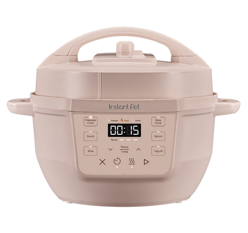 Instant Pot® 4QT RIO™ Mini Multi-Cooker in Rosewater, featuring a whimsical light pink finish, compact design with side handles, and an intuitive front-facing control panel with labeled cooking functions including Pressure Cook, Sauté, Rice, Slow Cook, Steam, and Yogurt.