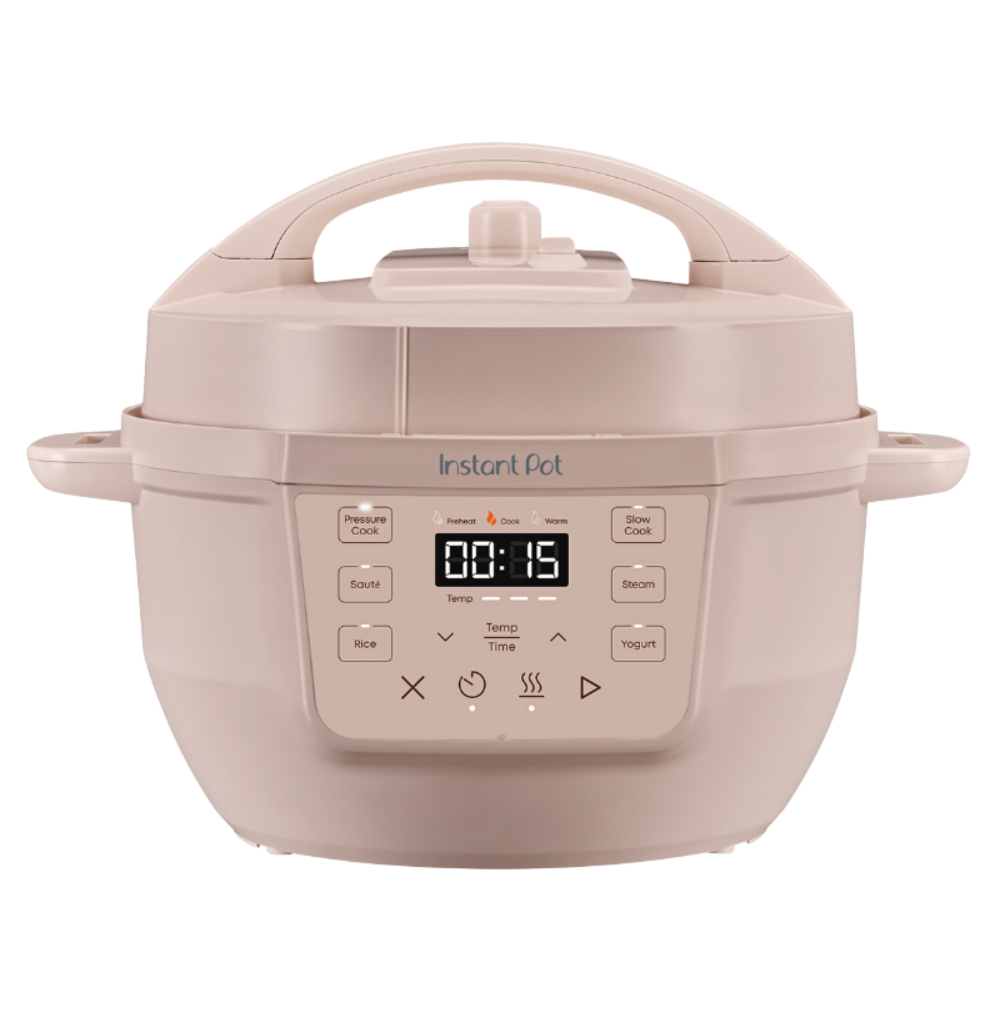 Instant Pot® 4QT RIO™ Mini Multi-Cooker in Rosewater with a matte finish, compact body, and an easy-to-read digital control panel featuring one-touch buttons for Pressure Cook, Sauté, Rice, Steam, Slow Cook, Yogurt, and Keep Warm functions. Timer is set to 00:15.