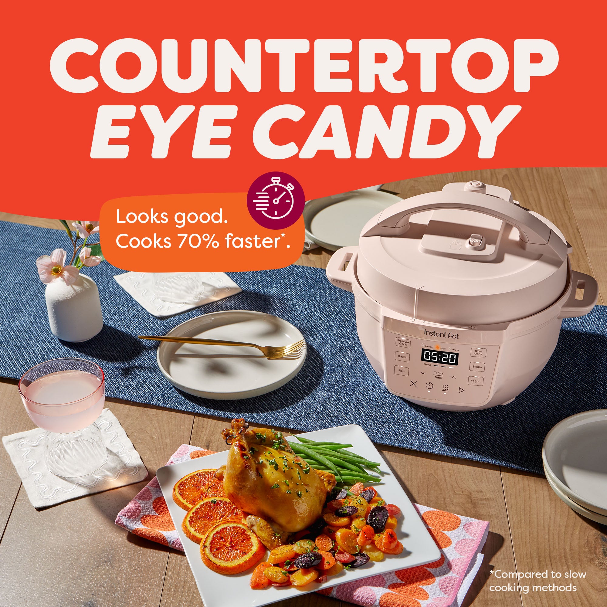 Instant Pot® 4QT RIO™ Mini Multi-Cooker in Rosewater displayed on a wooden table with a blue runner, surrounded by elegant dishware and a plated roasted chicken with green beans, carrots, and orange slices. A callout reads, “Looks good. Cooks 70% faster*,” and the bold header above states, “Countertop Eye Candy.” A small note in the corner reads, “*Compared to slow cooking methods.”