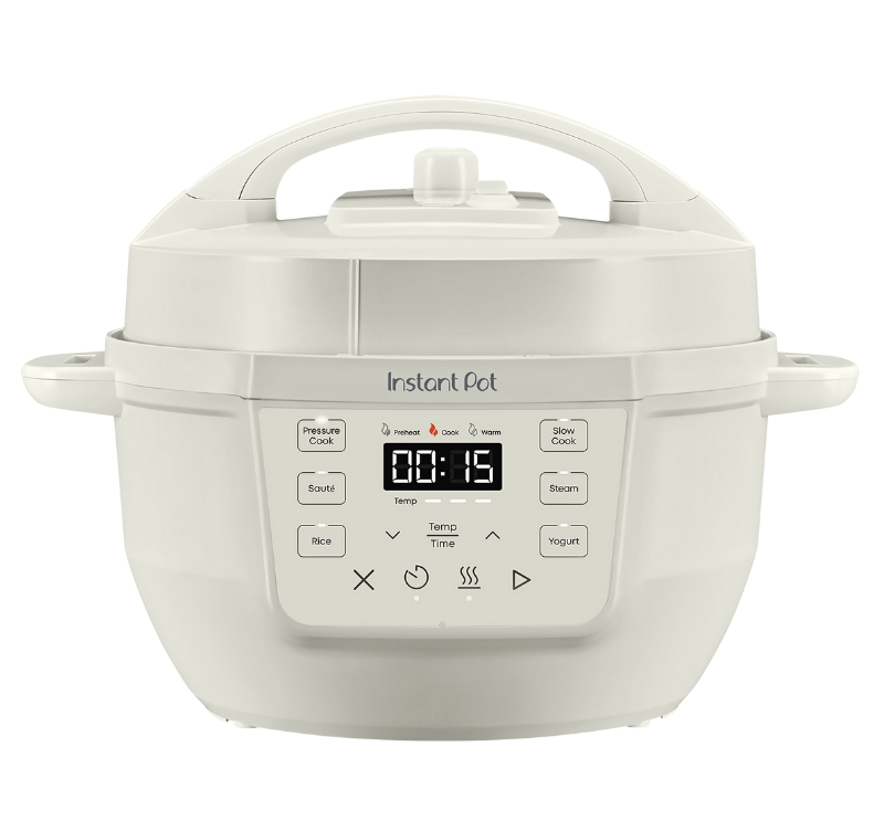 Instant Pot® 4QT RIO™ Mini Multi-Cooker in Sea Salt, featuring a modern matte finish, compact design with side handles, and an intuitive front-facing control panel with labeled cooking functions including Pressure Cook, Sauté, Rice, Slow Cook, Steam, and Yogurt.