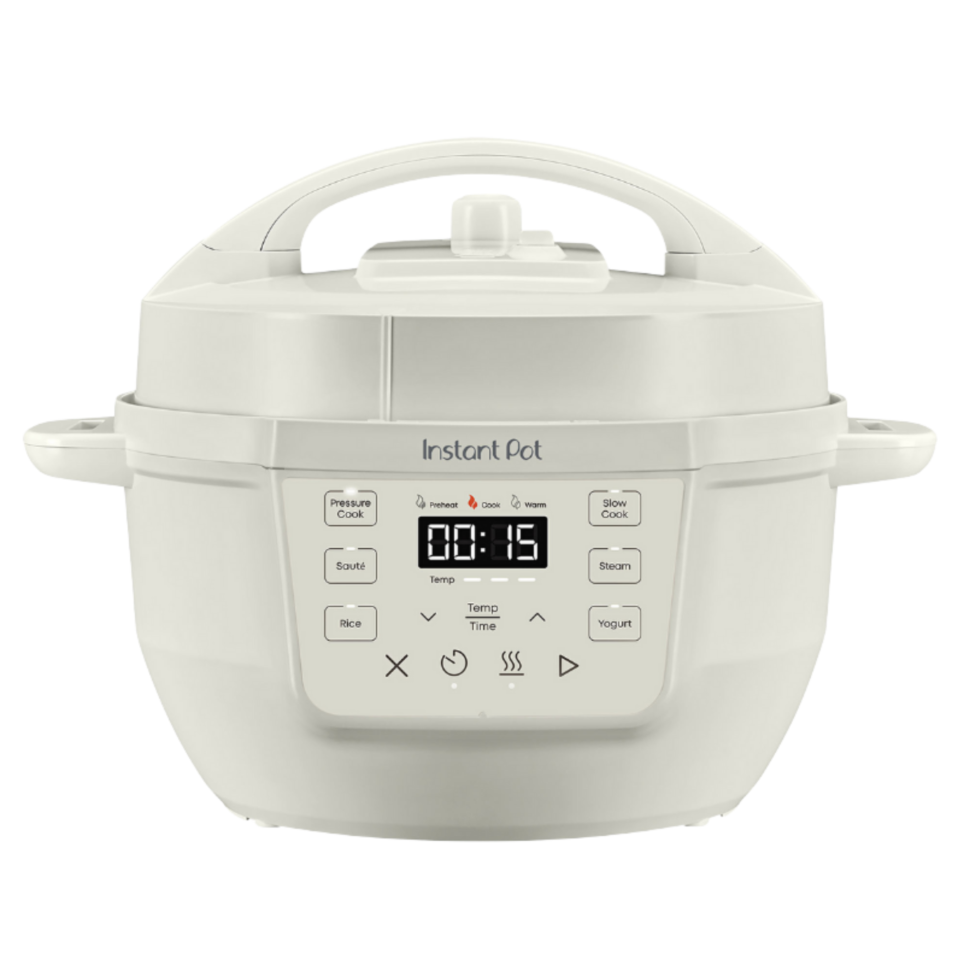 Instant Pot® 4QT RIO™ Mini Multi-Cooker in Sea Salt with a matte finish, compact body, and an easy-to-read digital control panel featuring one-touch buttons for Pressure Cook, Sauté, Rice, Steam, Slow Cook, Yogurt, and Keep Warm functions. Timer is set to 00:15.