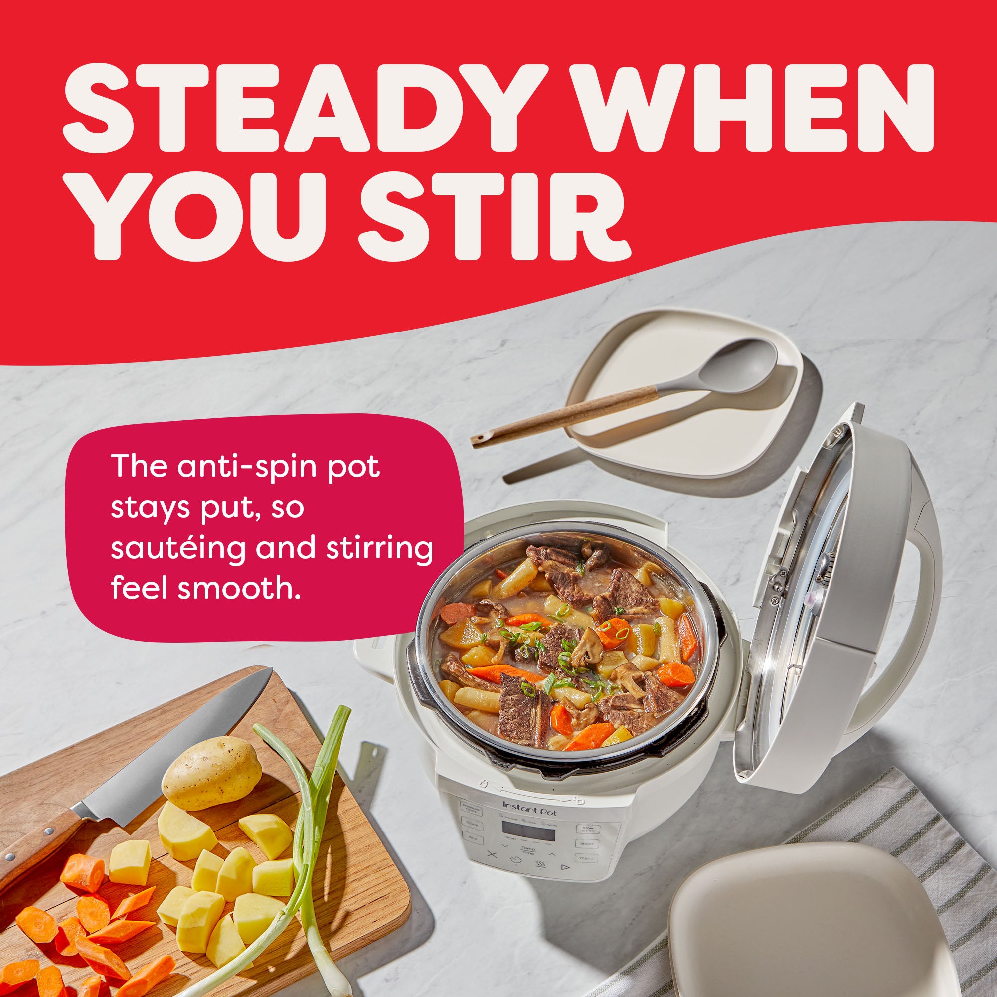  Instant Pot® 4QT RIO™ Mini Multi-Cooker in Sea Salt shown open with a hearty beef and vegetable stew inside. A text bubble reads, “The anti-spin pot stays put, so sautéing and stirring feel smooth.” The countertop features chopped vegetables, a knife, and dishware, reinforcing the cooking process. Bold header above reads, “Steady When You Stir.”