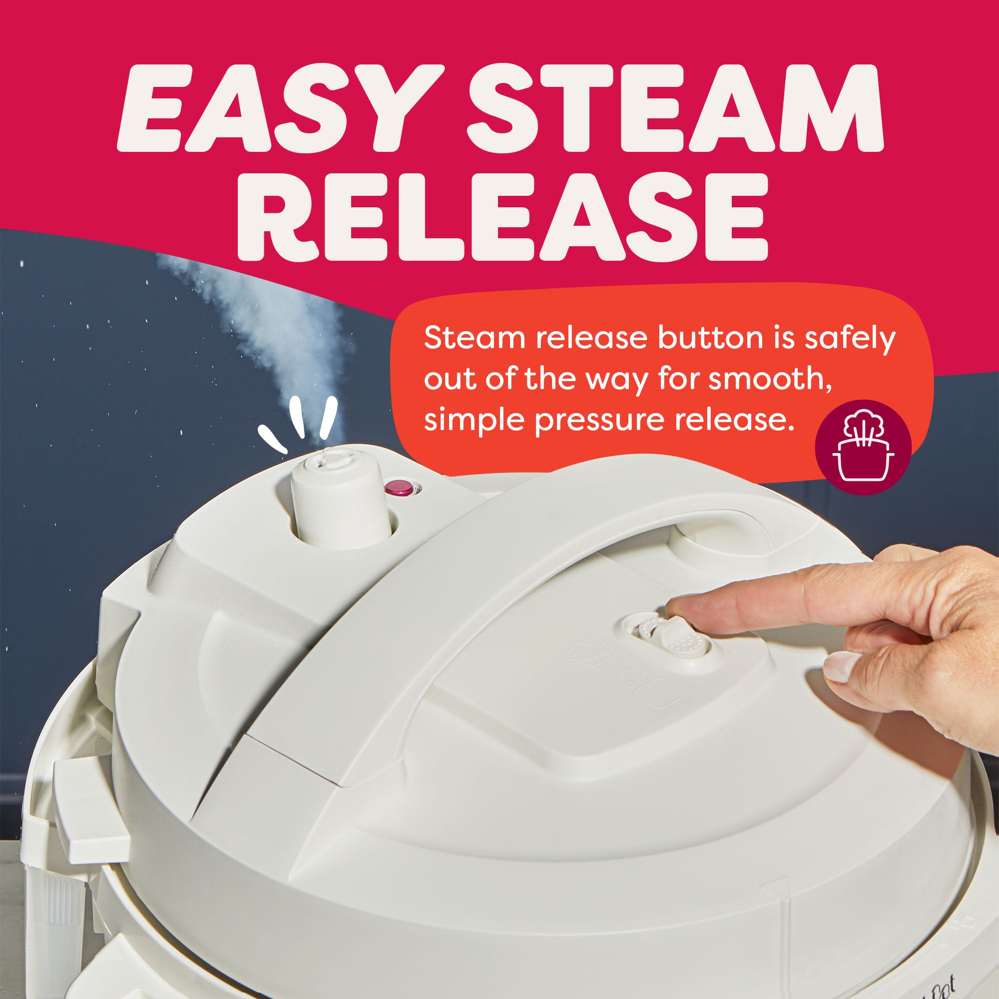 Close-up of the Instant Pot® 4QT RIO™ Mini Multi-Cooker in Sea Salt, highlighting the safe, front-positioned steam release button being pressed. Steam visibly vents from the top of the lid. A callout reads, “Steam release button is safely out of the way for smooth, simple pressure release.” The header above says, “Easy Steam Release.”