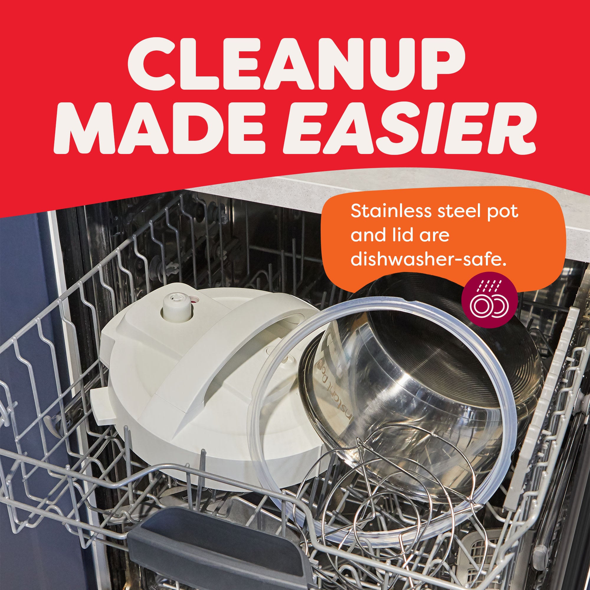  Instant Pot® 4QT RIO™ Mini Multi-Cooker in Sea Salt shown disassembled in a dishwasher. The stainless steel inner pot, lid, sealing ring, and accessories are placed on the top rack. A callout reads, “Stainless steel pot and lid are dishwasher-safe,” under the bold header “Cleanup Made Easier.”