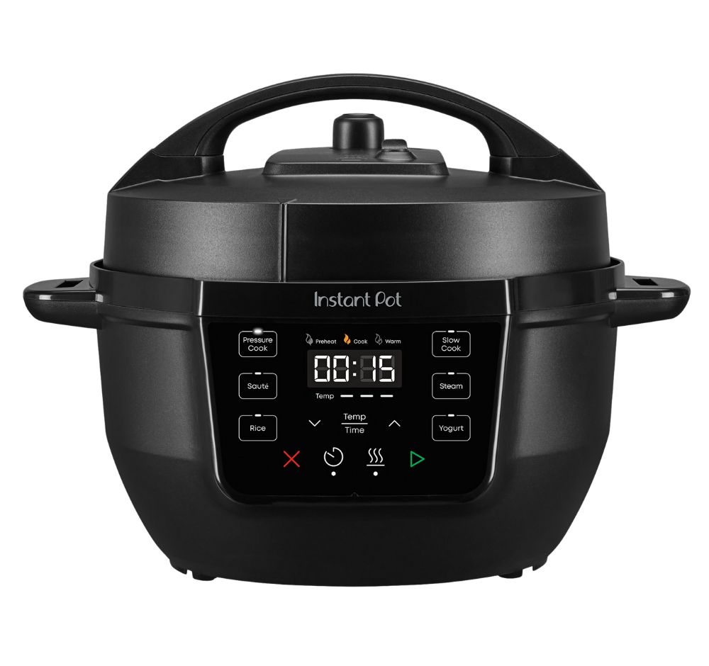 Instant Pot® 4QT RIO™ Mini Multi-Cooker in Black with a sleek matte finish and a flat digital control panel featuring one-touch programs like Pressure Cook, Slow Cook, Sauté, Steam, Rice, Yogurt, and Warm.