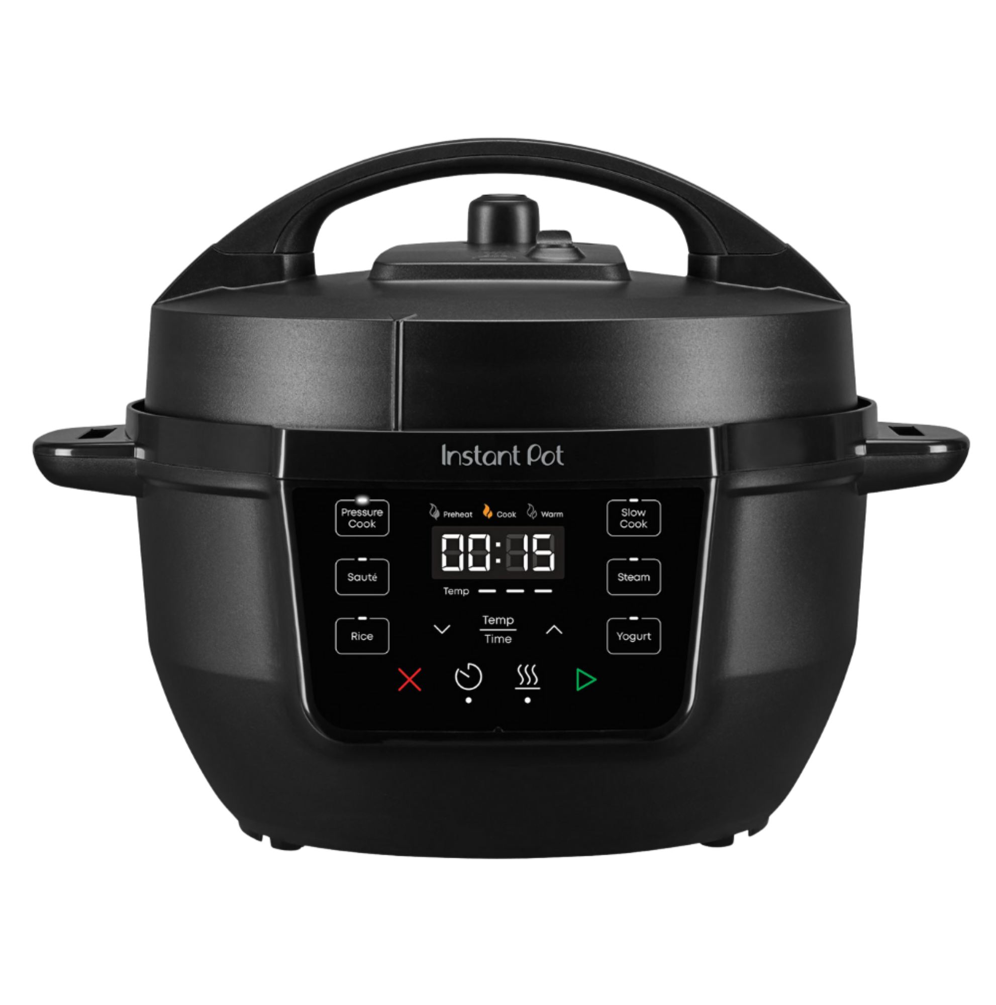 Instant Pot® 4QT RIO™ Mini Multi-Cooker in Black with a matte finish, compact body, and an easy-to-read digital control panel featuring one-touch buttons for Pressure Cook, Sauté, Rice, Steam, Slow Cook, Yogurt, and Keep Warm functions. Timer is set to 00:15.