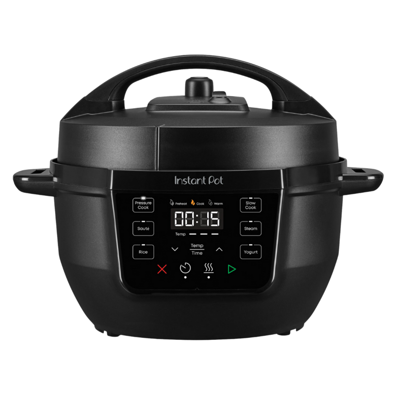 Instant Pot® 4QT RIO™ Mini Multi-Cooker in Black with a matte finish, compact body, and an easy-to-read digital control panel featuring one-touch buttons for Pressure Cook, Sauté, Rice, Steam, Slow Cook, Yogurt, and Keep Warm functions. Timer is set to 00:15.