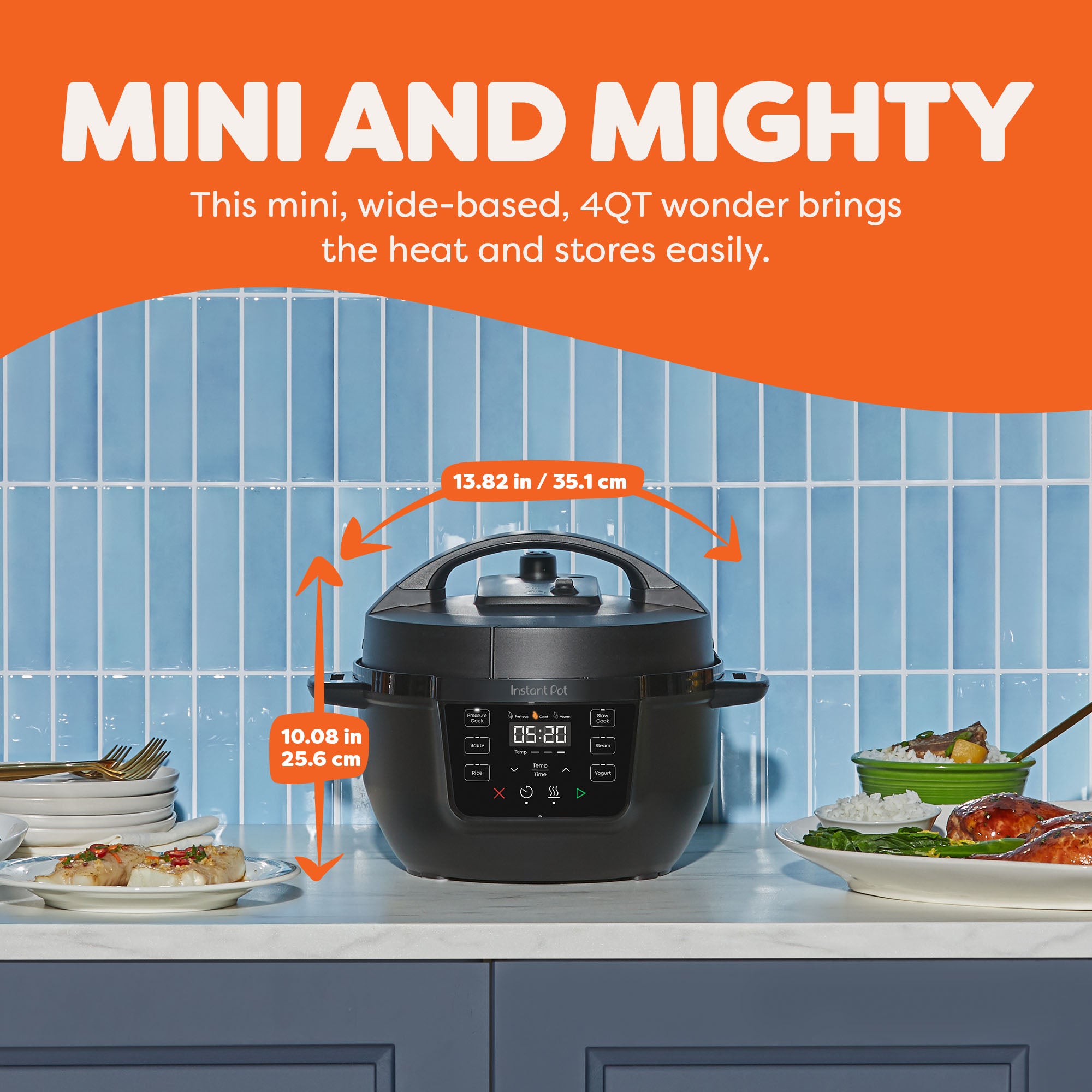 Instant Pot® 4QT RIO™ Mini Multi-Cooker in Black on a countertop with a blue tiled backsplash. Callout arrows display the appliance dimensions: 13.82 inches wide and 10.08 inches tall. Text above reads, “Mini and Mighty—This mini, wide-based, 4QT wonder brings the heat and stores easily.”